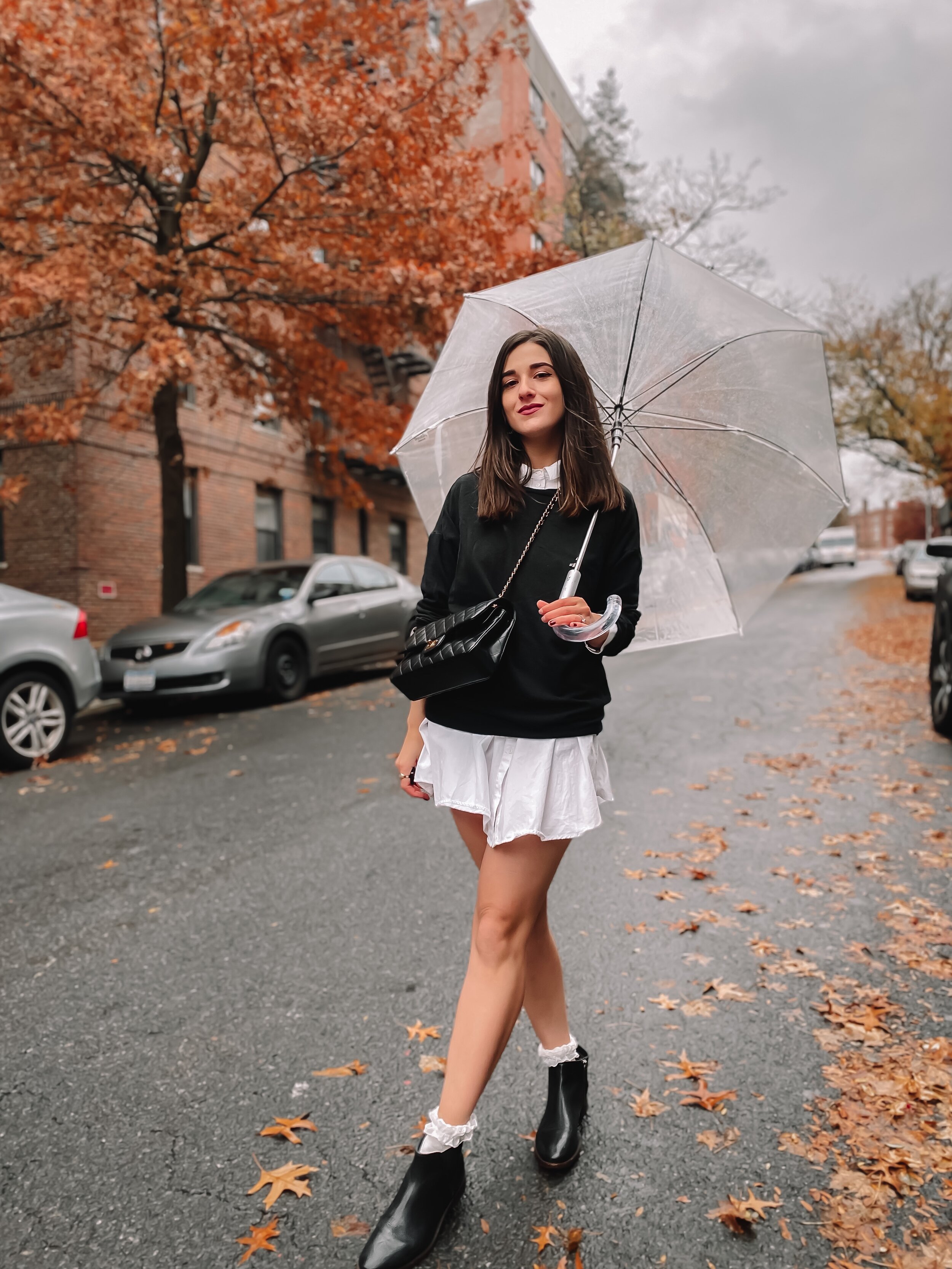 Fall OOTD Black Sweatshirt White Dress Ruffle Socks — Esther Santer