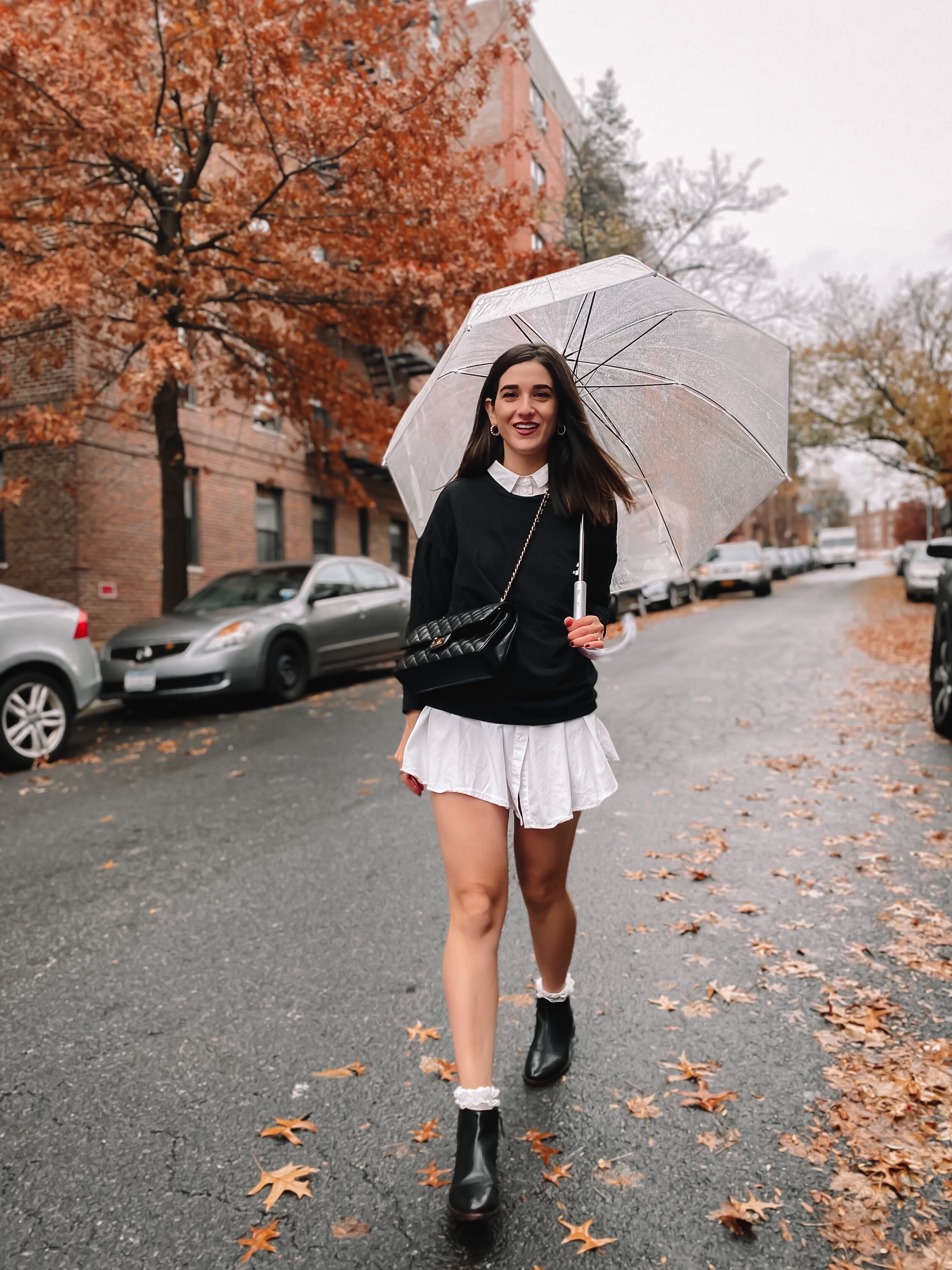 Fall OOTD Black Sweatshirt White Dress Ruffle Socks — Esther Santer