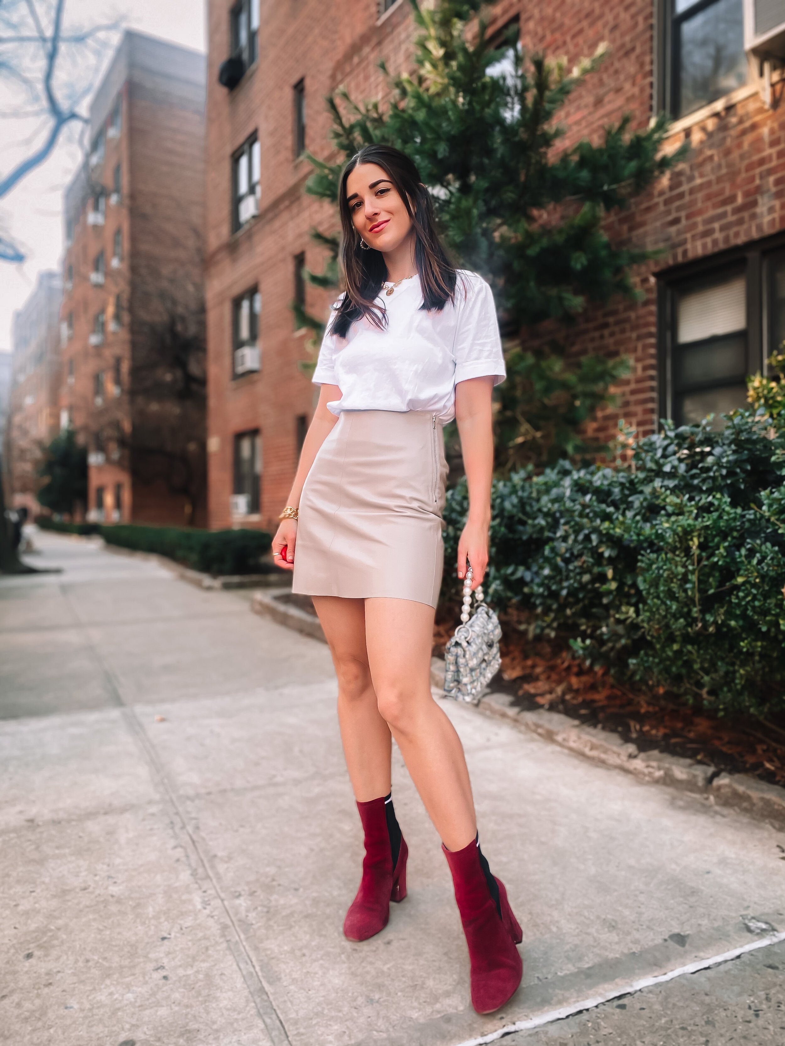 OOTD Bodysuit T-Shirt Leather Mini Boyfriend Tee WeWoreWhat Macy's Red Velvet Boots Pleather Skirt COS Tweed Bag Kurt Geiger Fall Fashion Street Style Esther Santer NYC Blogger Gold Jewelry Necklaces Bracelets Accessories Shop Buy Women Street Style.JPG