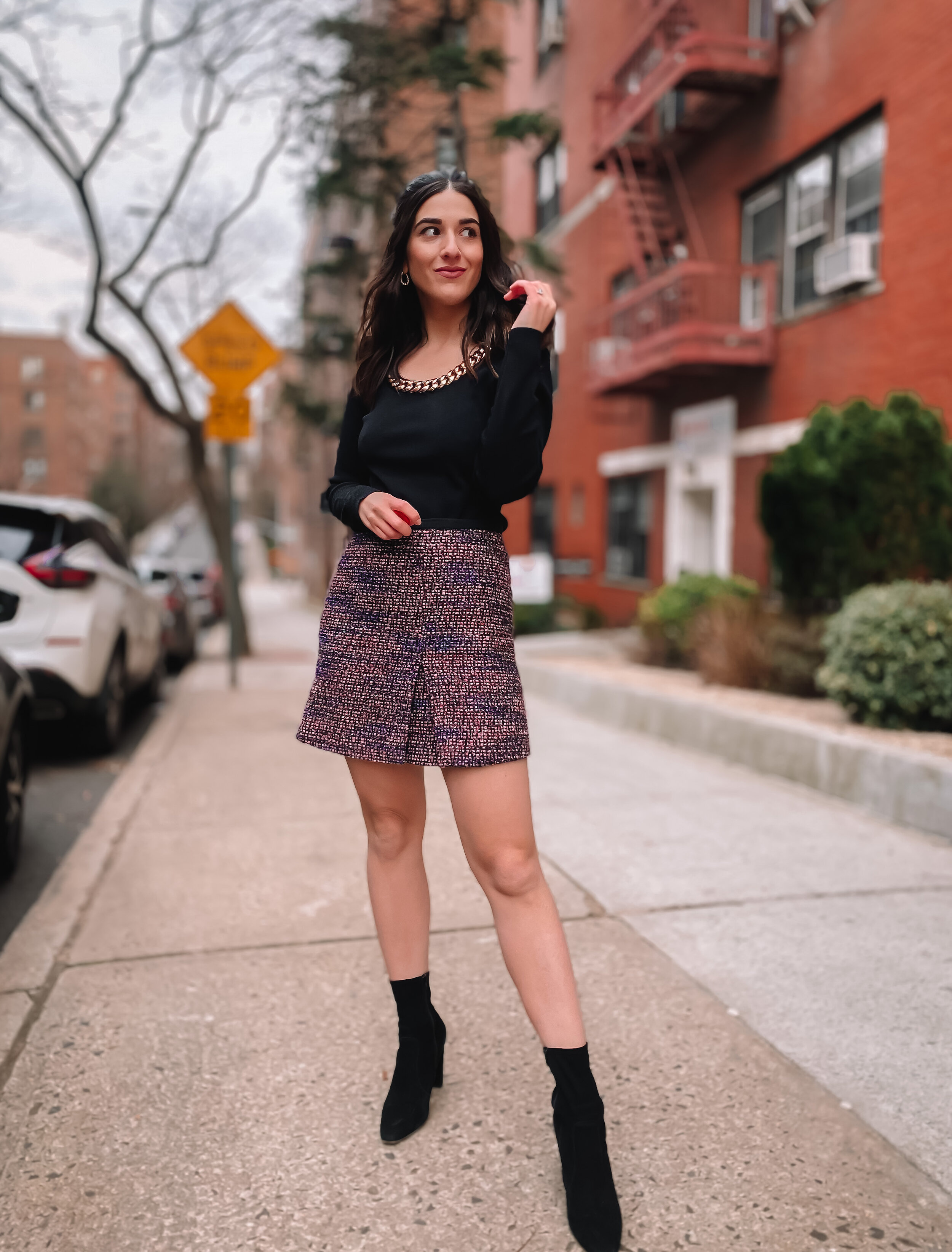 Esther Santer NYC Street Style Fashion Blogger Chain Top Nicole Miller H&M Tweed Skirt Gold Jewelry Inez Black Booties Shop Women Winter Fall Wear Styling Tripod Self Photography New York City Sock Booties Styling Black Shirt Pink Purple.JPG