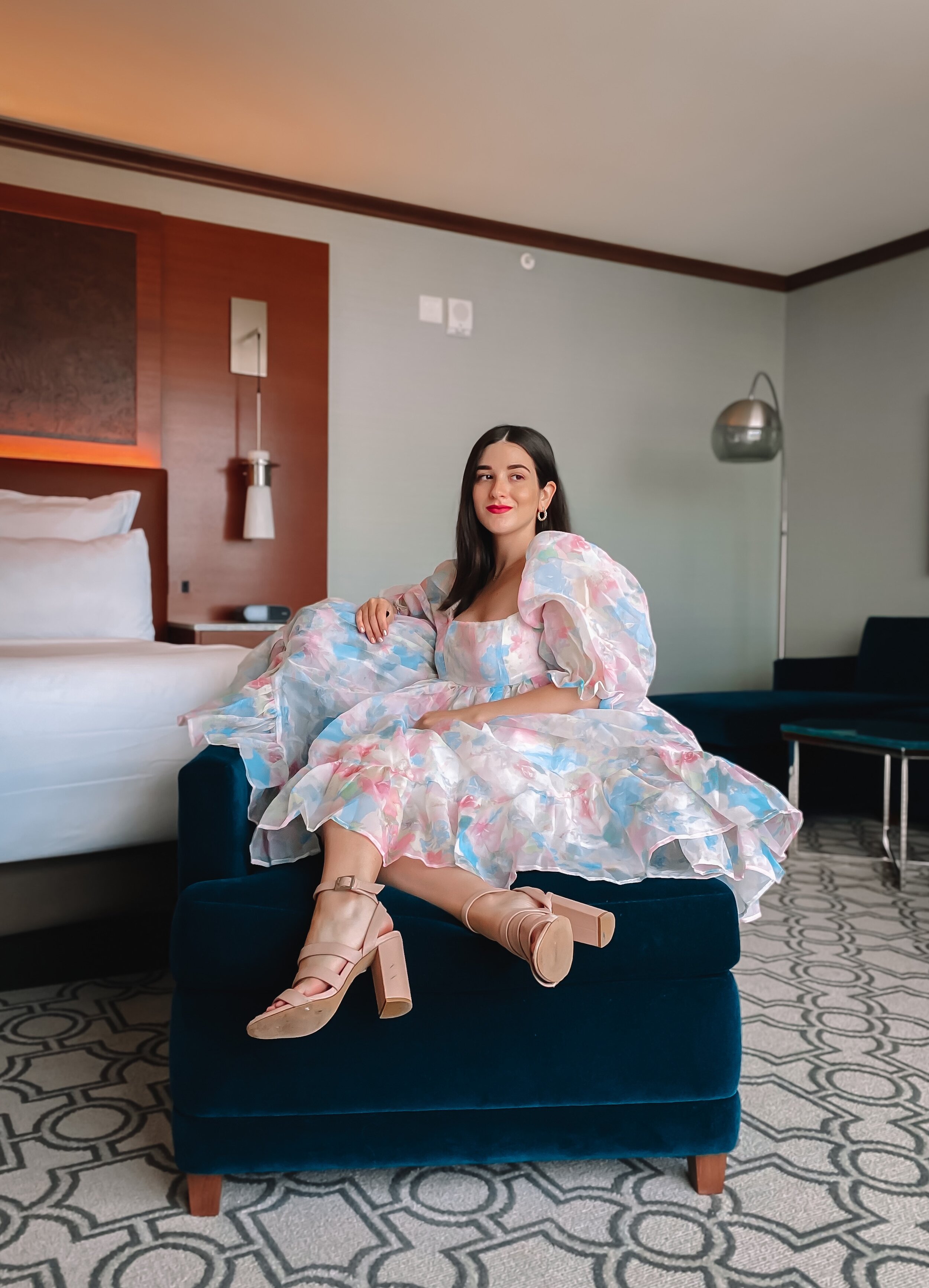 Princess Moment In Upstate New York Esther Santer NYC Street Style Blogger Hotel Puff Floral Dress Pink Heels Pastel Goodnight Macaroon Fun Poses Heels Women Girl Resort World Casino Suite Summer Styling What to Wear Fancy Trendy Shop  Pretty.JPG