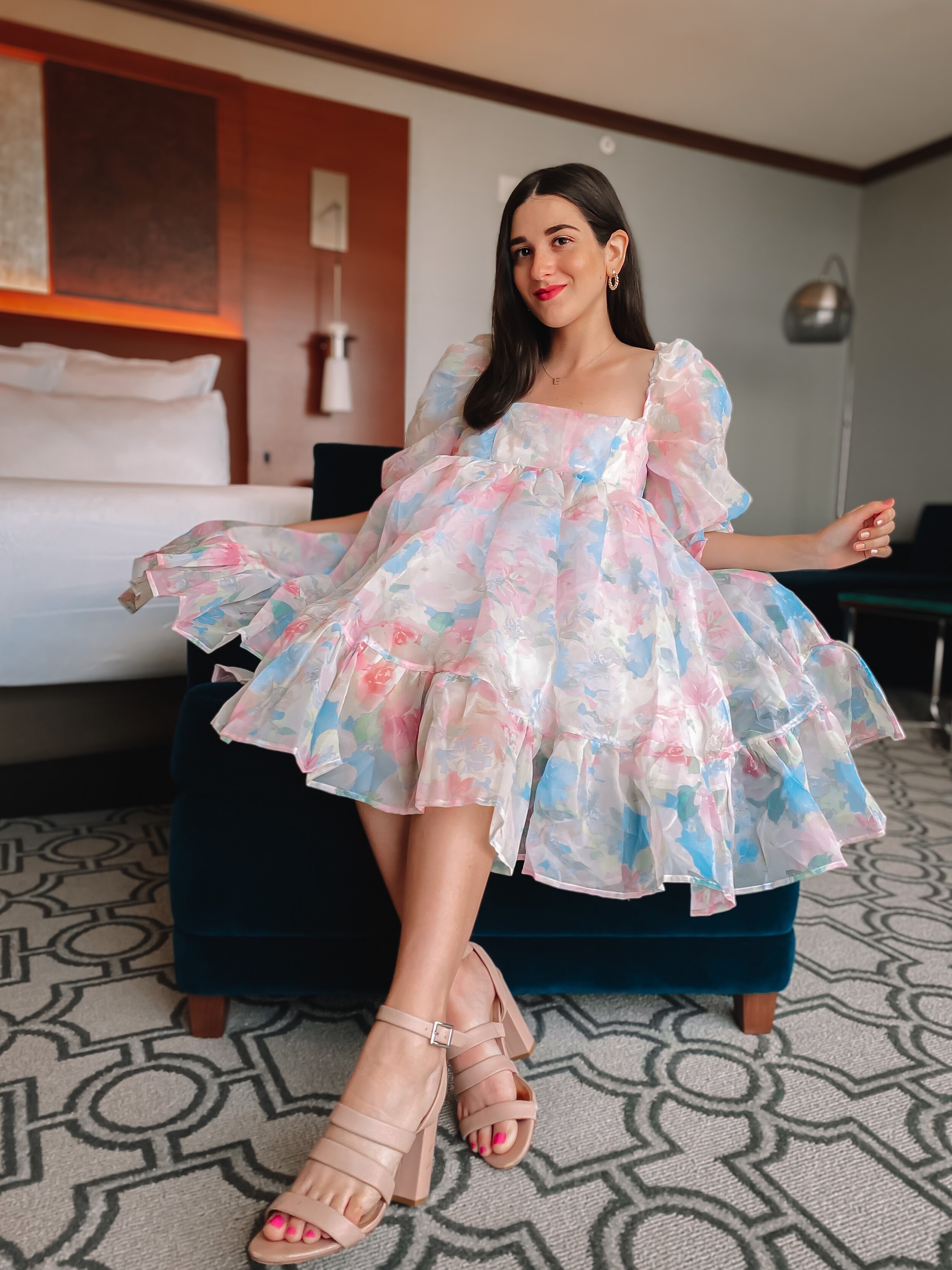 Princess Moment In Upstate New York Esther Santer NYC Street Style Blogger Hotel Puff Floral Dress Pink Heels Pastel Goodnight Macaroon Fun Poses Heels Women Girl Resort World Casino Suite Summer Styling What to Wear Fancy  Trendy Shop Pretty.JPG