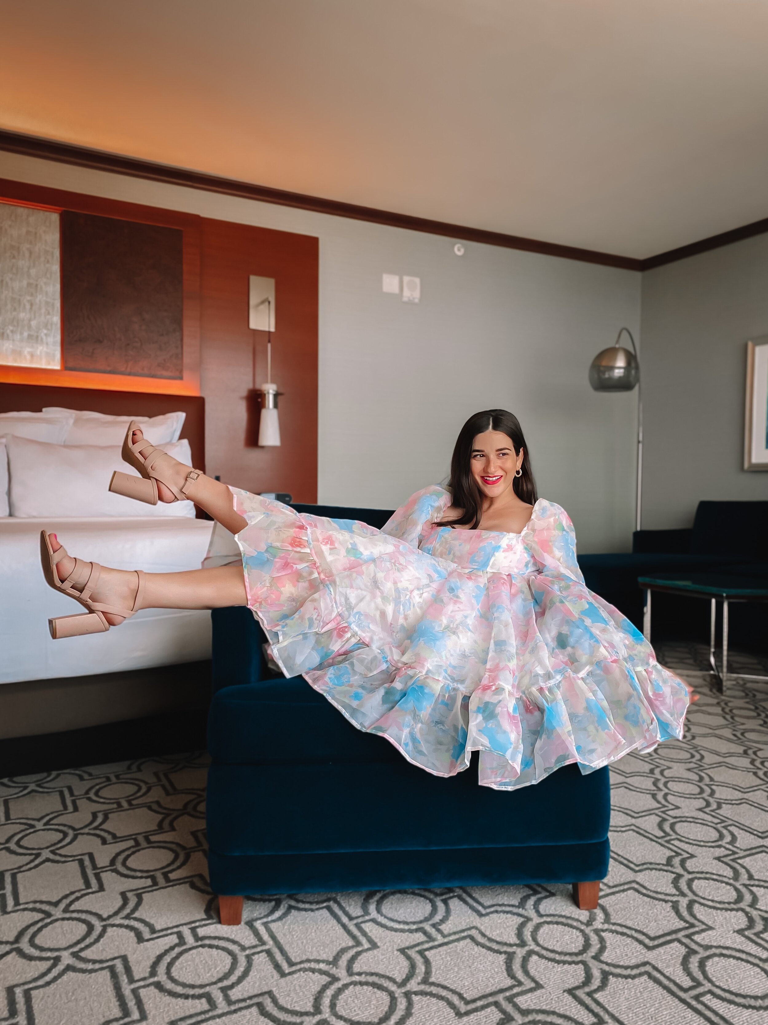 Princess Moment In Upstate New York Esther Santer NYC Street Style Blogger Hotel Puff Floral Dress Pink Heels Pastel Goodnight Macaroon Fun Poses Heels Women Girl Resort World Casino Suite Summer Styling What to Wear Fancy Trendy Shop Pretty.JPG