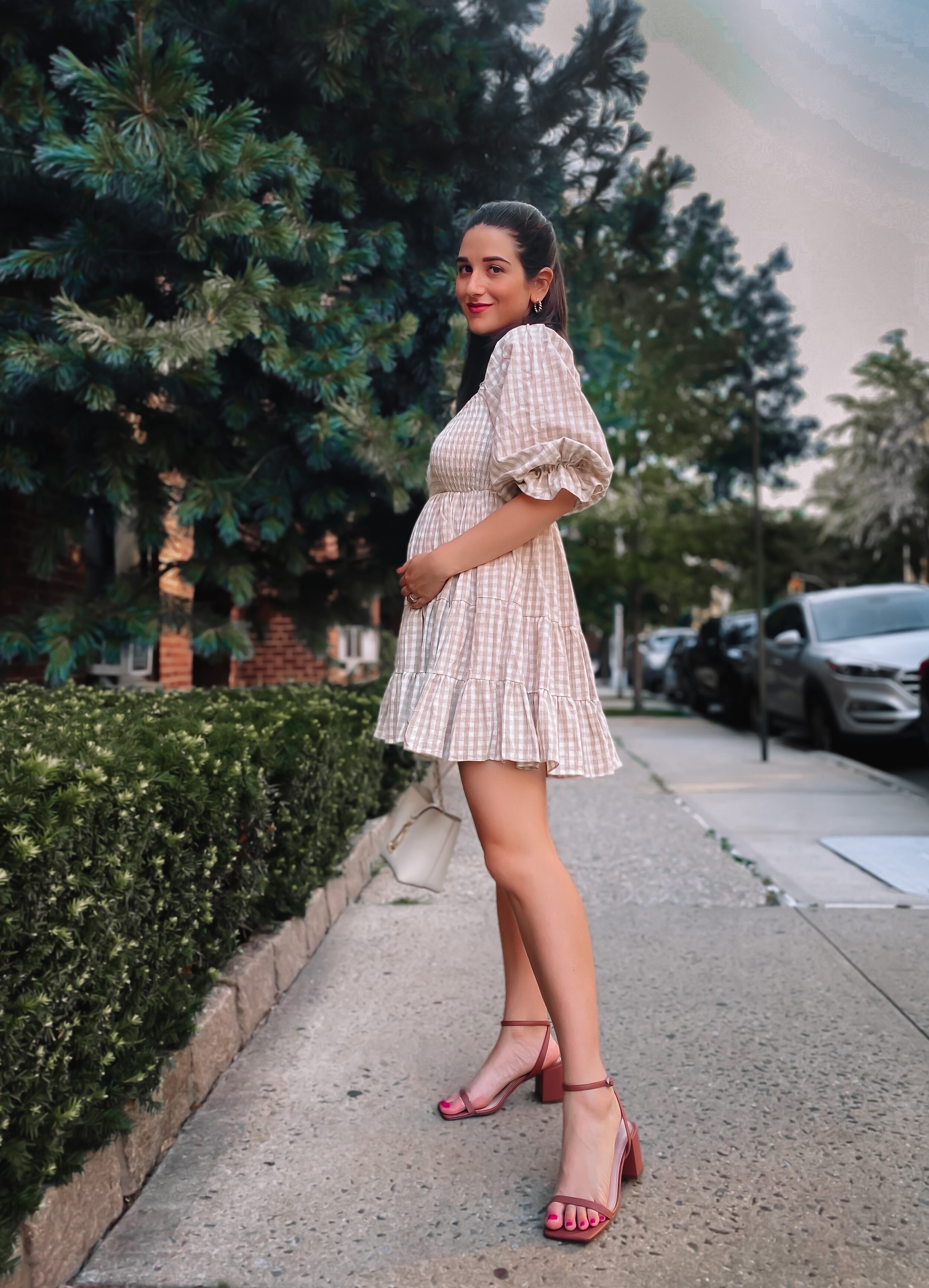 Gingham Puff Sleeve Dress + Tan Sandals Esther Santer NYC Street Style Fashion Blogger Cute Look Shopping Olive & Paix Mini Ruffle Dress Charles Keith Shoes Bag Gold Hoop Earrings Half Ponytail Girl Women Red Lipstick New York City 2021  What To Wear.jpg