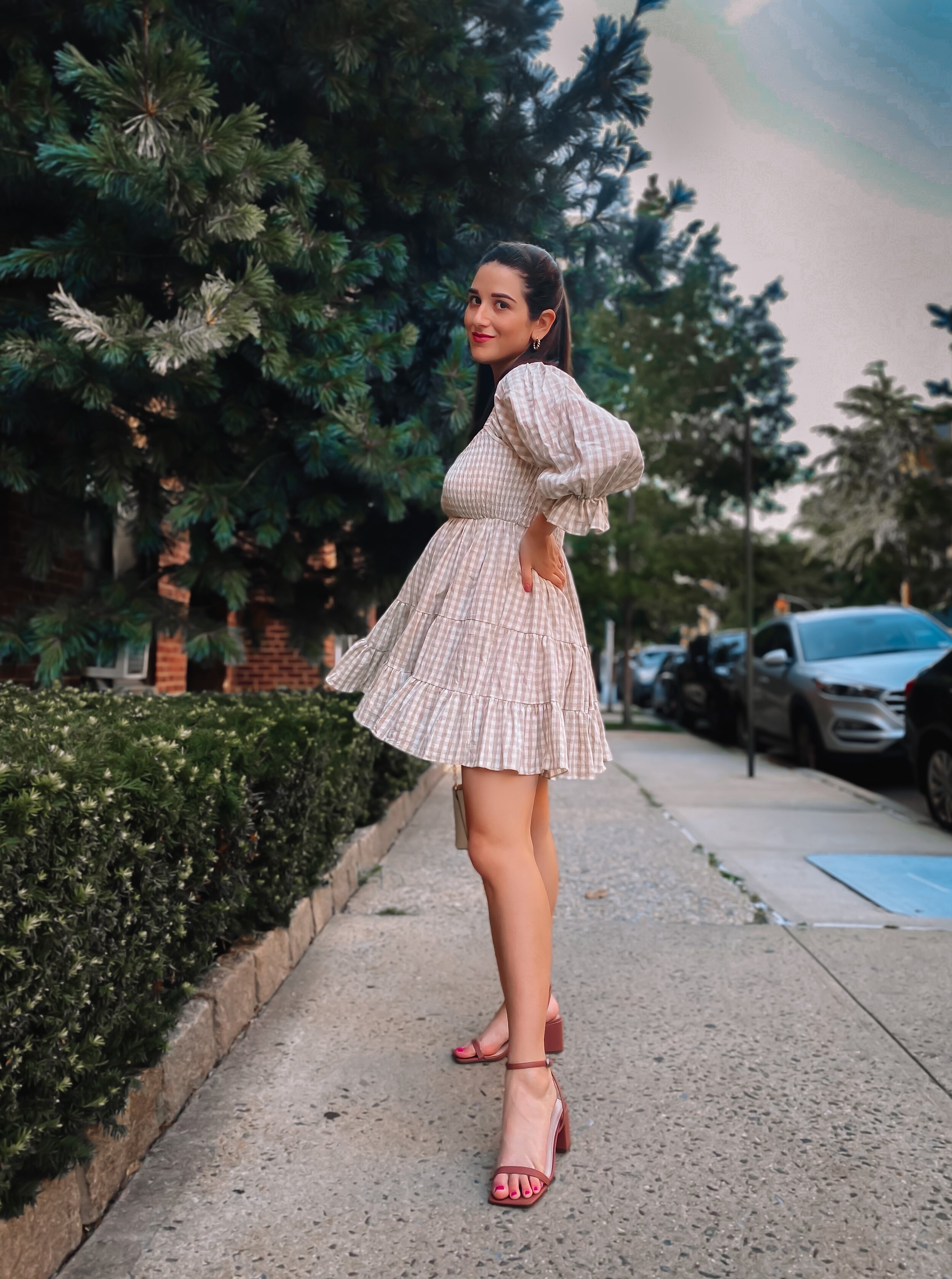 Gingham Puff Sleeve Dress + Tan Sandals Esther Santer NYC Street Style Fashion Blogger Cute Look Shopping Olive & Paix Mini Ruffle Dress Charles & Keith Shoes Gold Hoop Earrings Half Ponytail Girl Women Red Lipstick New York City 2021 Bag What To Wear.jpg