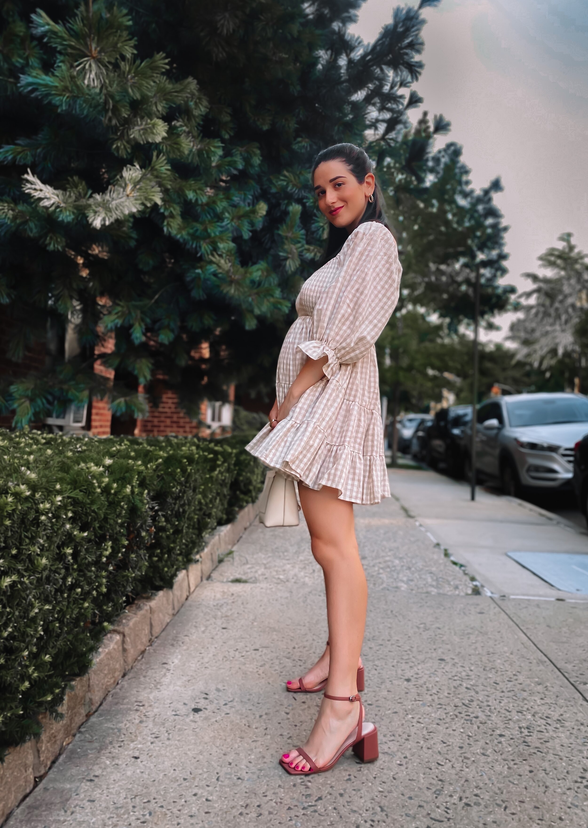 Gingham Puff Sleeve Dress + Tan Sandals Esther Santer NYC Street Style Fashion Blogger Cute Look Shopping Olive & Paix Mini Ruffle Dress Charles Keith Shoes Bag Gold Hoop Earrings Half Ponytail Girl Women Red Lipstick New York City 2021 What To  Wear.jpg