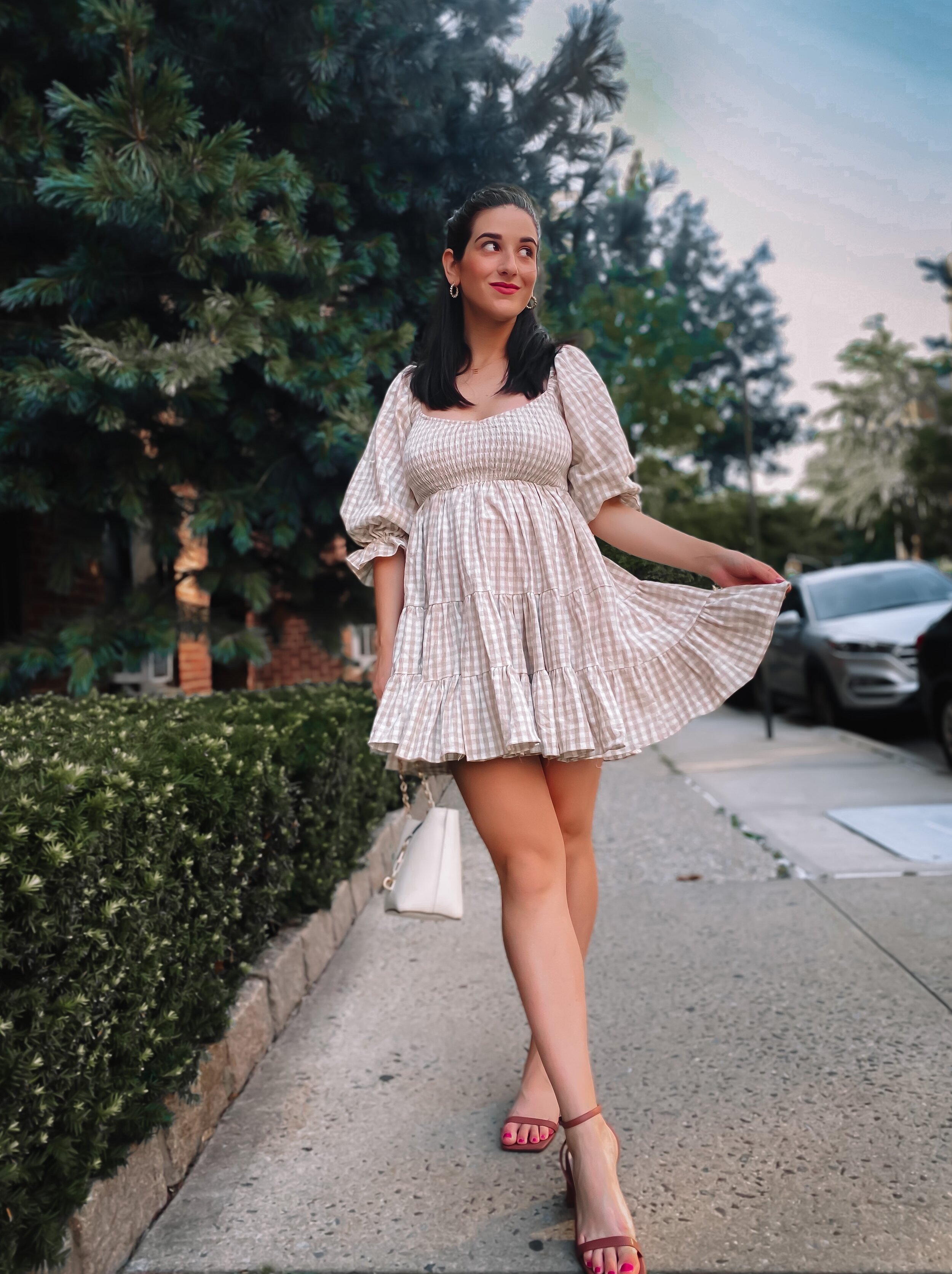 Gingham Puff Sleeve Dress + Tan Sandals Esther Santer NYC Street Style Fashion Blogger Cute Look Shopping Olive & Paix Mini Ruffle Dress Charles Keith Shoes Bag Gold Hoop Earrings Half Ponytail Girl Women Red Lipstick New York City 2021 What To Wear.jpg