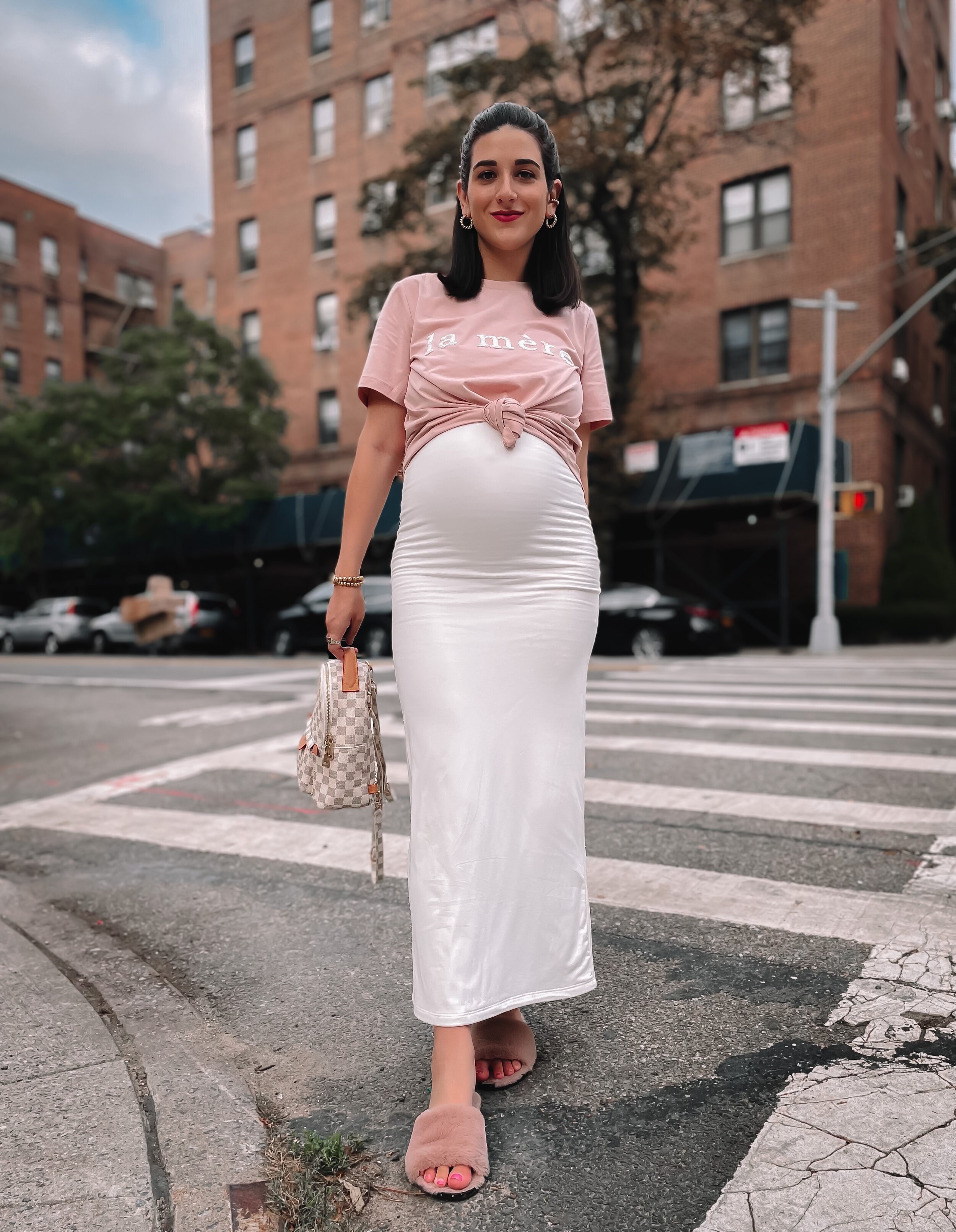 White Bumpsuit Dress Pink 'La Mère' Tee 33 Week Update Esther Santer NYC Street Style Blogger Pregnancy Bump Style Friendly Maternity Fashion Bae the Label Kenneth Cole Fur Slides Goodnight Macaroon Backpack Cute Outfit Buy Shop Expecting Mom  OOTD.JPG