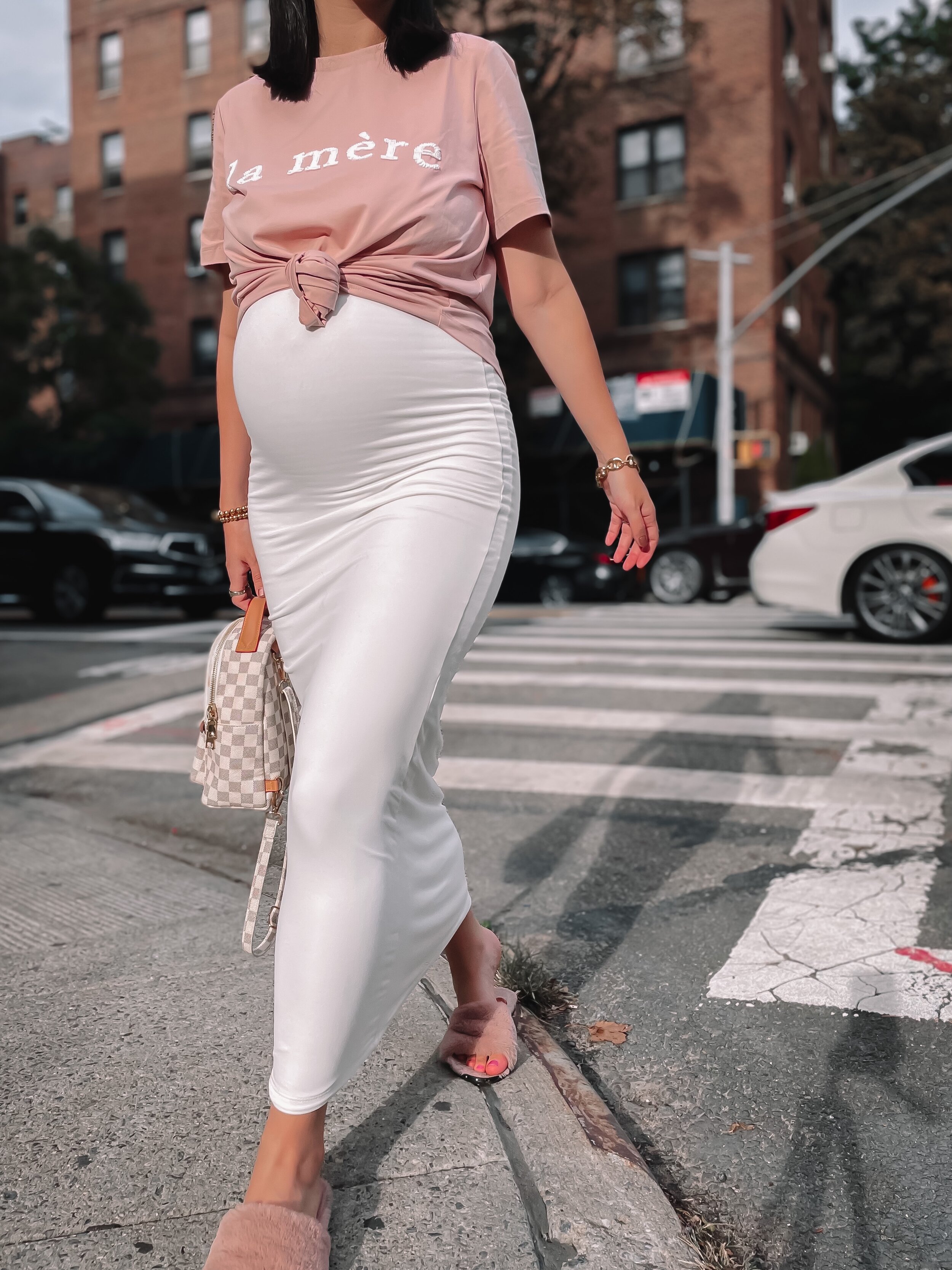 White Bumpsuit Dress Pink 'La Mère' Tee 33 Week Update Esther Santer NYC Street Style Blogger Pregnancy Bump Style Friendly Maternity Fashion Bae the Label Kenneth Cole Fur Slides Goodnight Macaroon Backpack Cute Outfit Buy Shop  Expecting Mom OOTD.JPG