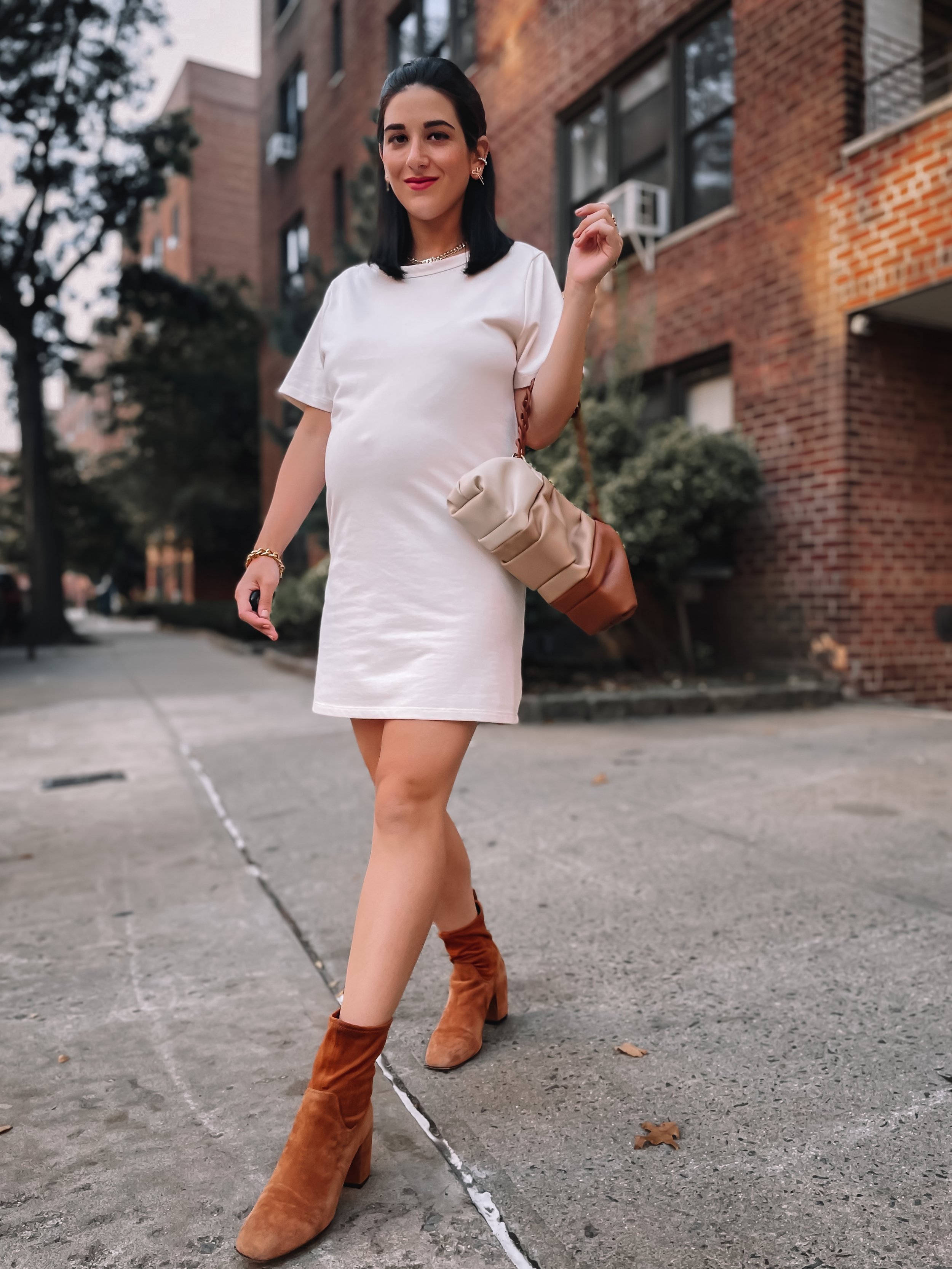 Cream T-Shirt Dress + Tan Booties 35 Week Update Roolee Vegan Leather Brown Bag Fall Look Outfit Esther Santer NYC Street Style Blogger Boots Colder Weather What To Wear Buy Bump Styled Bumpdate Pregnancy Fashion Maternity Trends Bow Earrings Pregnant.JPG