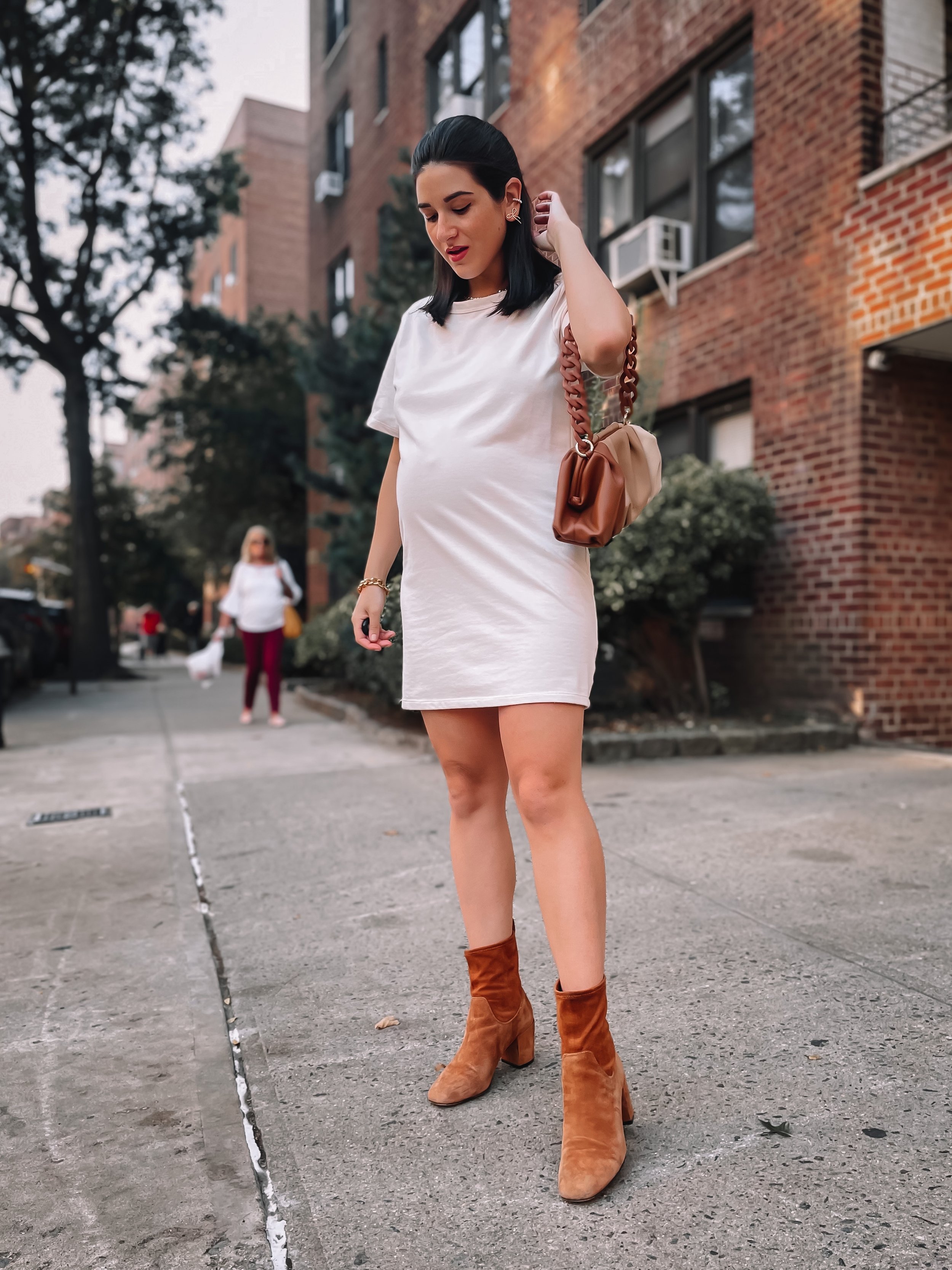 Cream T-Shirt Dress + Tan Booties 35 Week Update Roolee Vegan Leather Brown Bag Fall Look Outfit Esther Santer NYC Street Style Blogger Boots Colder Weather What To Wear Buy Bump Styled Bumpdate Pregnancy Fashion Pregnant Maternity Trends Bow Earrings.JPG