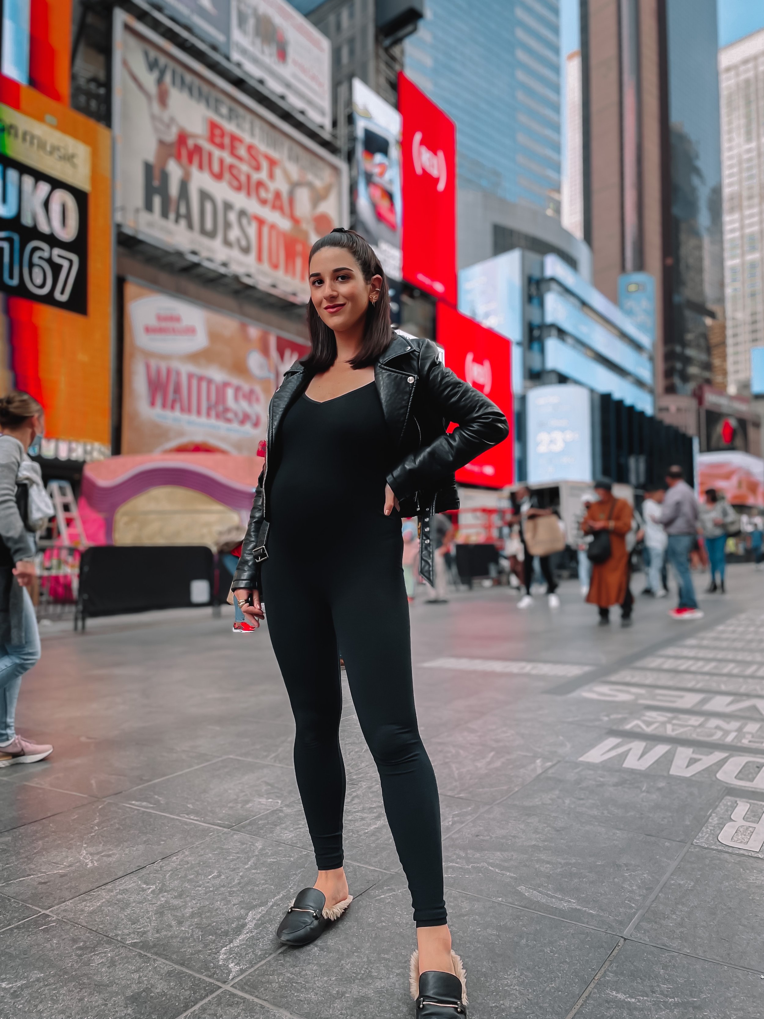 Ribbed Black Jumpsuit Leather Jacket Esther Santer NYC Street Style Blogger Pregnancy Style Maternity Fashion Bump Styled Bumpdate Hatch Unitard Target Fur Slides Expecting Mom What To Wear Shopping All Black Outfit OOTD Times Square NYC Tripod Shoot.JPG