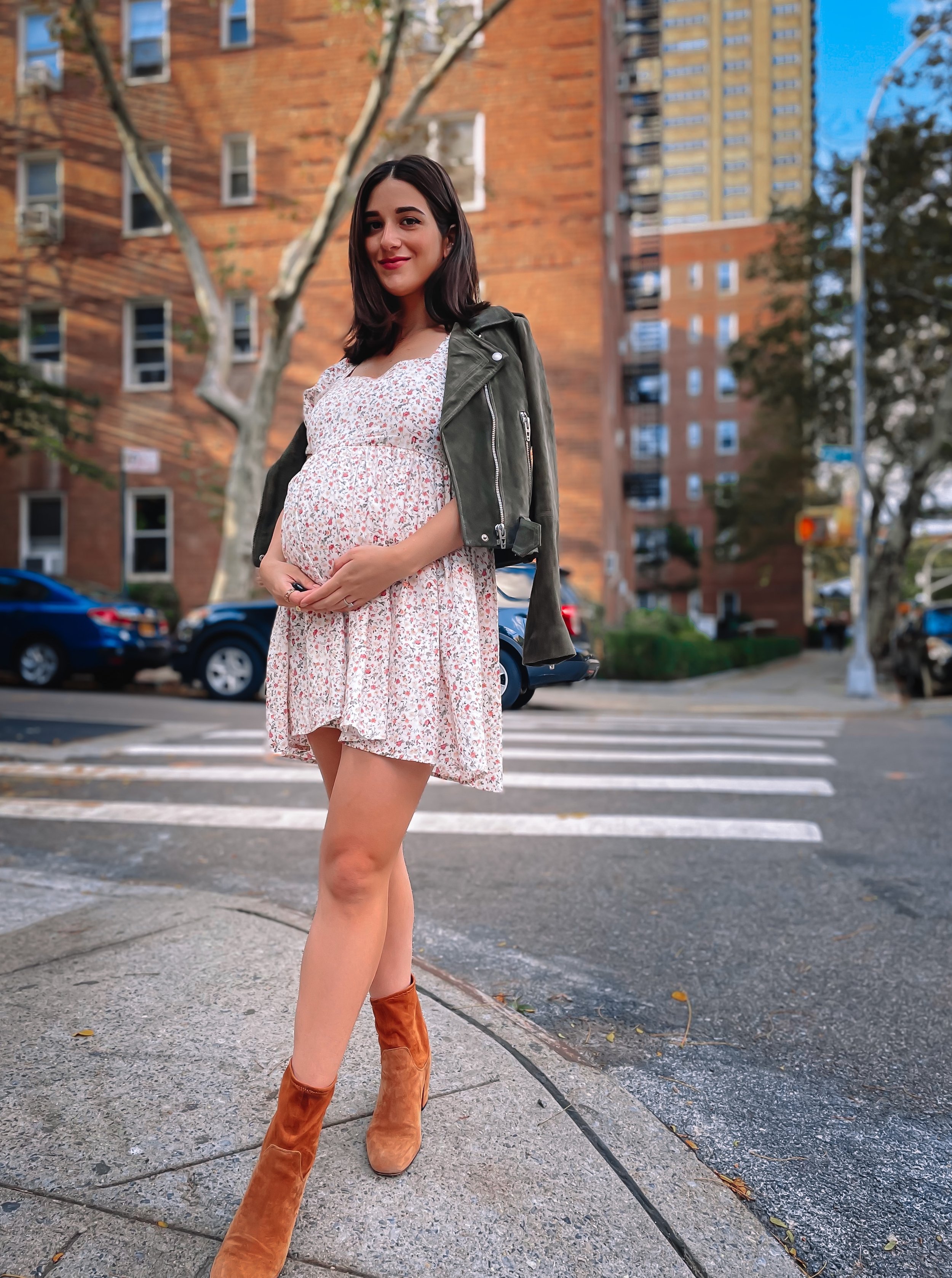 Floral Dress Tan Booties Esther Santer NYC Street Style Bump Friendly Fashion Maternity Look OOTD Olive Green Moto Jacket What To Wear Fall Pregnancy Baby Get Dressed Bumpdate IVF Success Feminine New York City Girl Women Tripod Photoshoot Shoes Boots.JPG