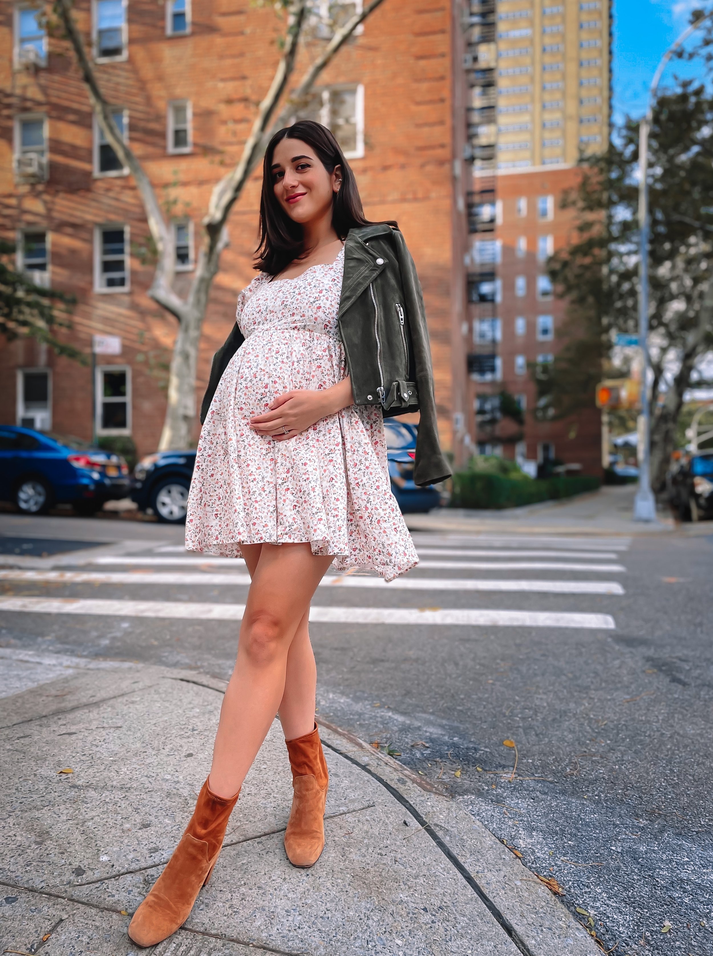 Floral Dress Tan Booties Esther Santer NYC Street Style Bump Friendly Fashion Maternity Look OOTD Olive Green Moto Jacket What To Wear Fall Pregnancy Baby Get Dressed Bumpdate IVF Success Feminine Women New York City Tripod Photoshoot Shoes Boots Girl.JPG