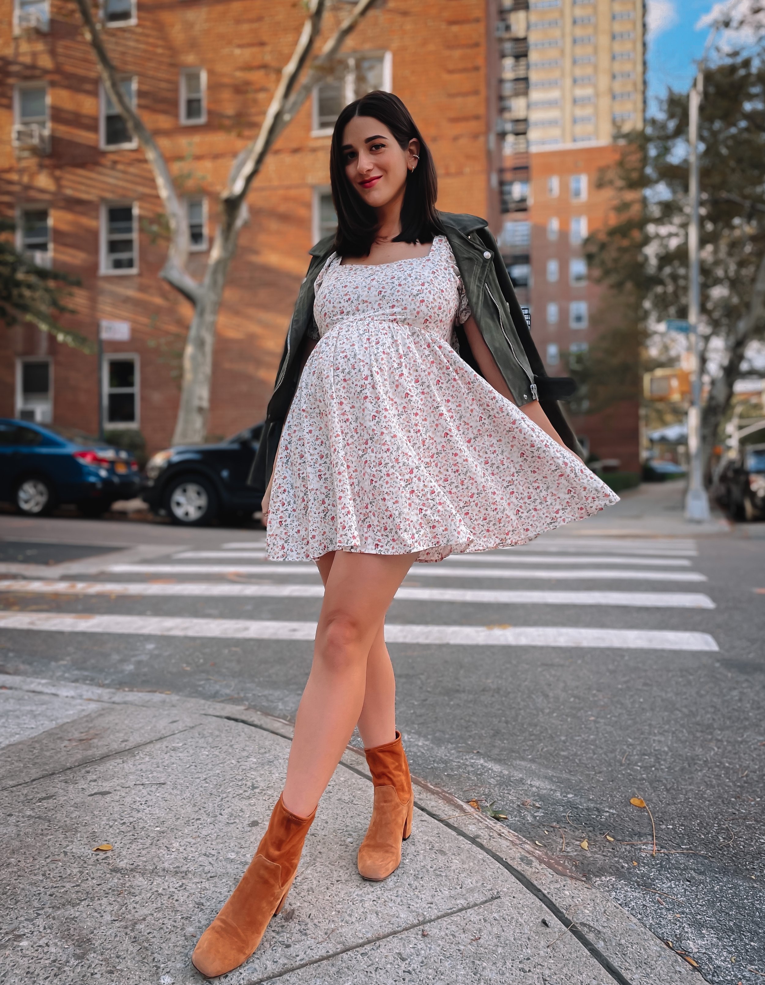 Floral Dress Tan Booties Esther Santer NYC Street Style Bump Friendly Fashion Maternity Look OOTD Olive Green Moto Jacket What To Wear Fall Pregnancy Baby Get Dressed Bumpdate IVF Success Feminine Women New York City Girl Tripod Photoshoot Shoes Boots.JPG