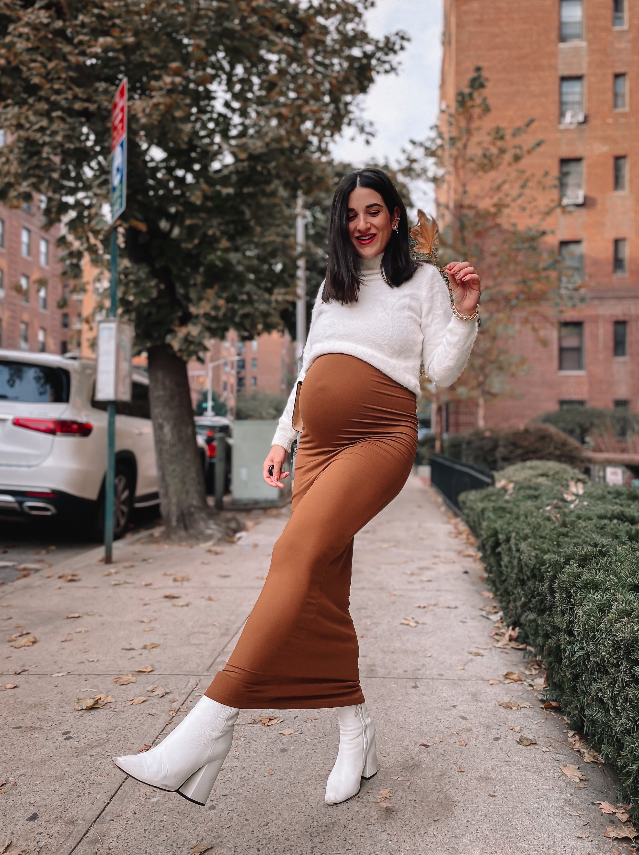 Fall Bump Styling 37 Weeks Pregnant Esther Santer NYC Street Style Blogger Bumpsuit The Jane Dress Toffee White Booties Mango Sweater What to Wear How To Style Bumpdate Women OOTD Belly Tripod Photoshoot Due Date Epecting First Time Mom Maternity Girl.JPG