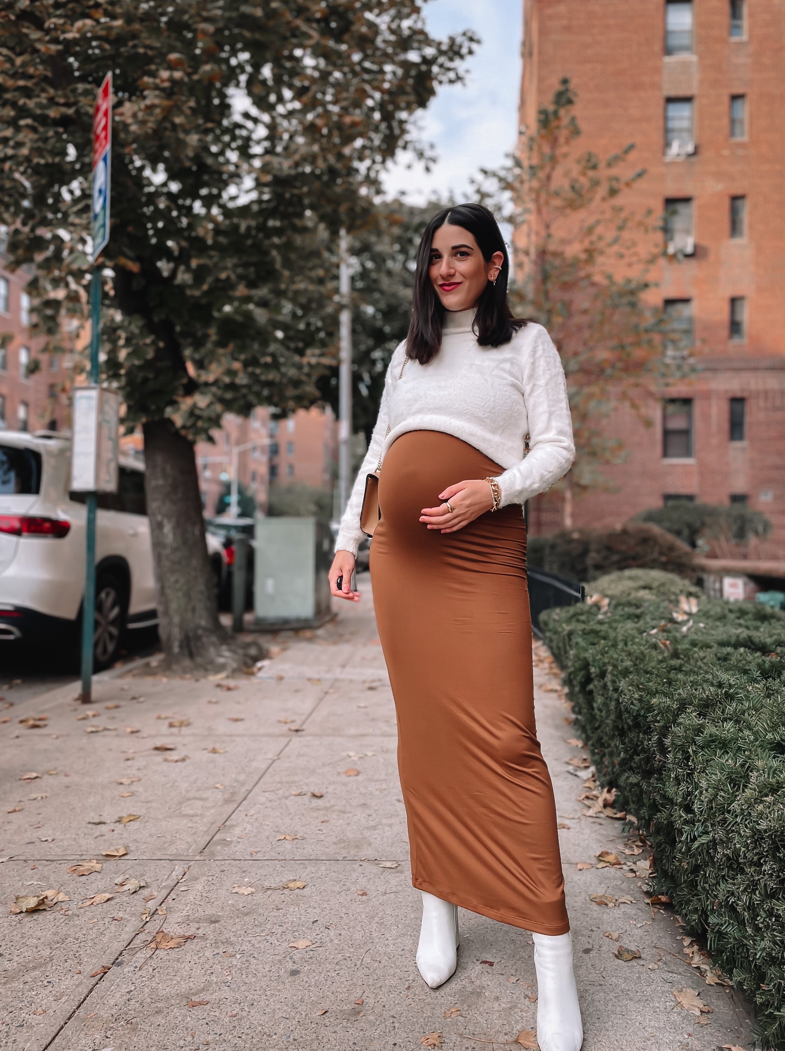 Fall Bump Styling 37 Weeks Pregnant Esther Santer NYC Street Style Blogger Bumpsuit The Jane Dress Toffee White Booties Mango Sweater What to Wear How To Style Bumpdate Women Girl OOTD Belly Tripod Photoshoot Due Date Epecting First Time Mom Maternity.JPG