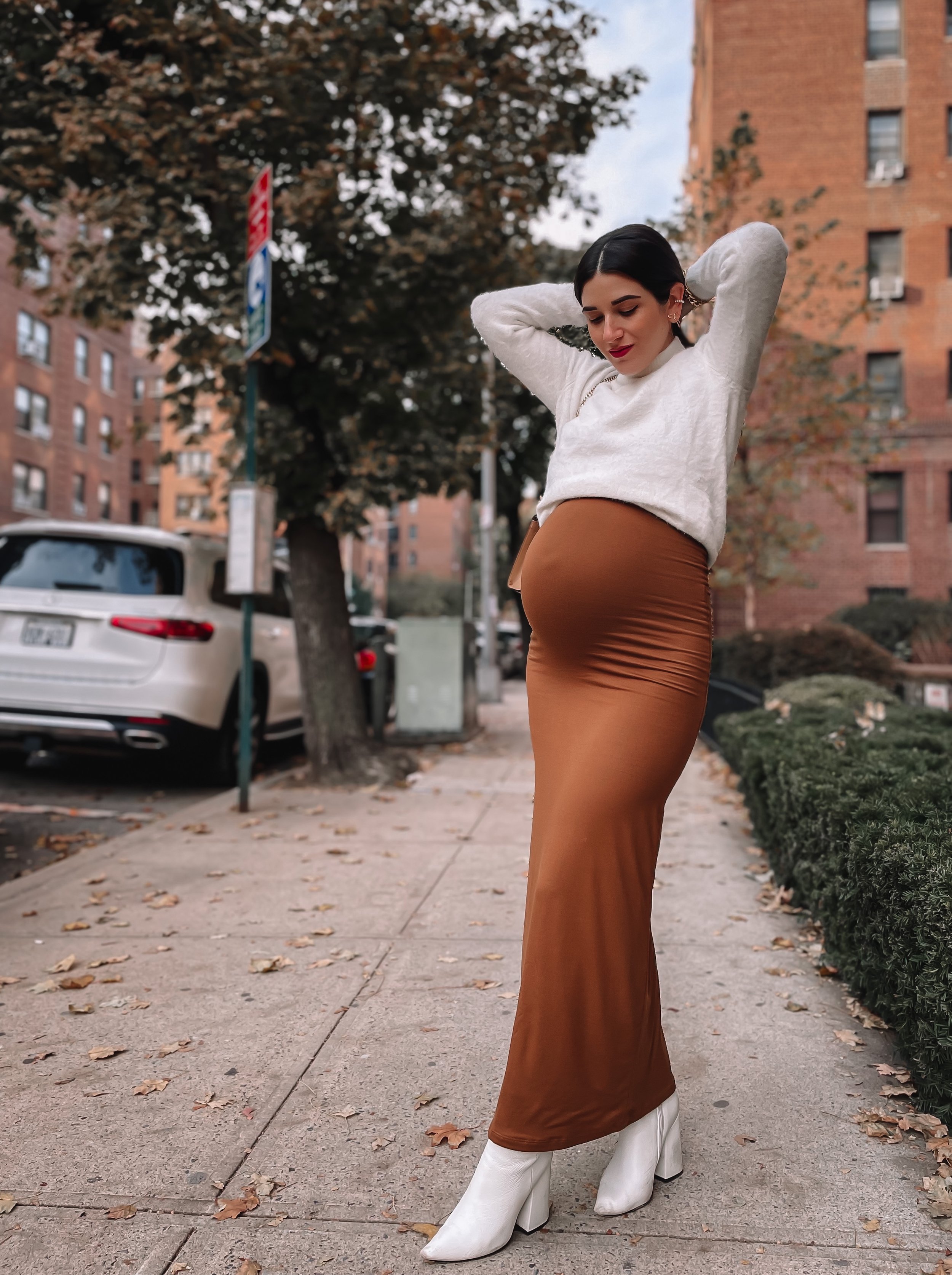 Fall Bump Styling 37 Weeks Pregnant Esther Santer NYC Street Style Blogger Bumpsuit The Jane Dress Toffee White Booties Mango Sweater What to Wear How To Style Bumpdate Women Girl OOTD Maternity Belly Tripod Photoshoot Due Date Epecting First Time Mom.JPG