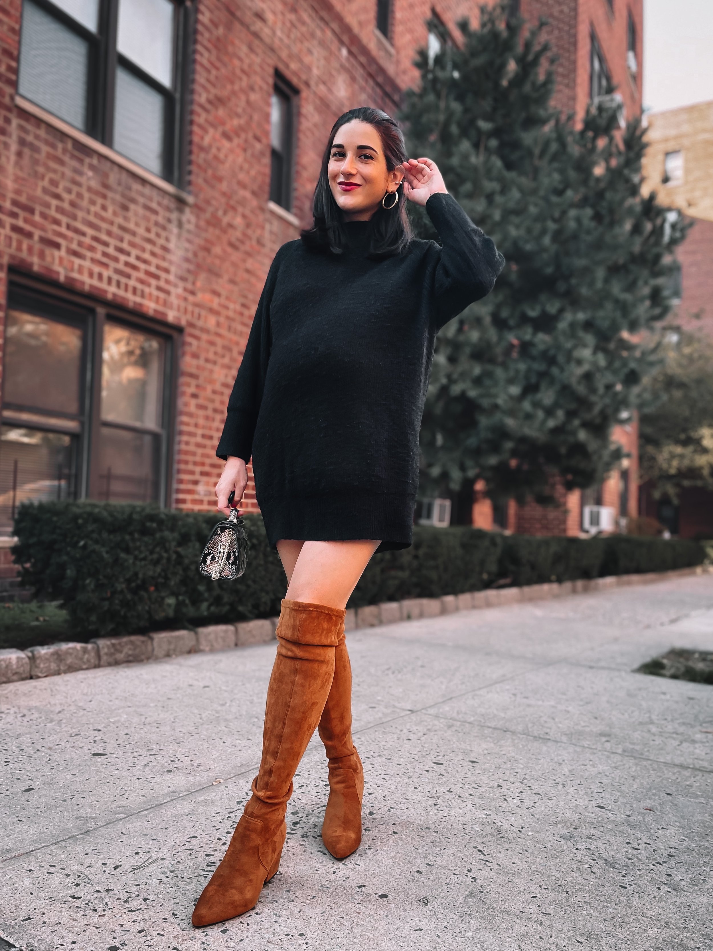 Black Sweater Dress Tan OTK Boots 39 Weeks Pregnant Esther Santer NYC Street Style Blogger Nordstrom Topshop Gold Hoop Earrings Over The Knee Boots Goodnight Macraoon Bump Friendly Pregnancy Fashion IVF Winter Strathberry Mini Bag  Women Expecting Mom.JPG