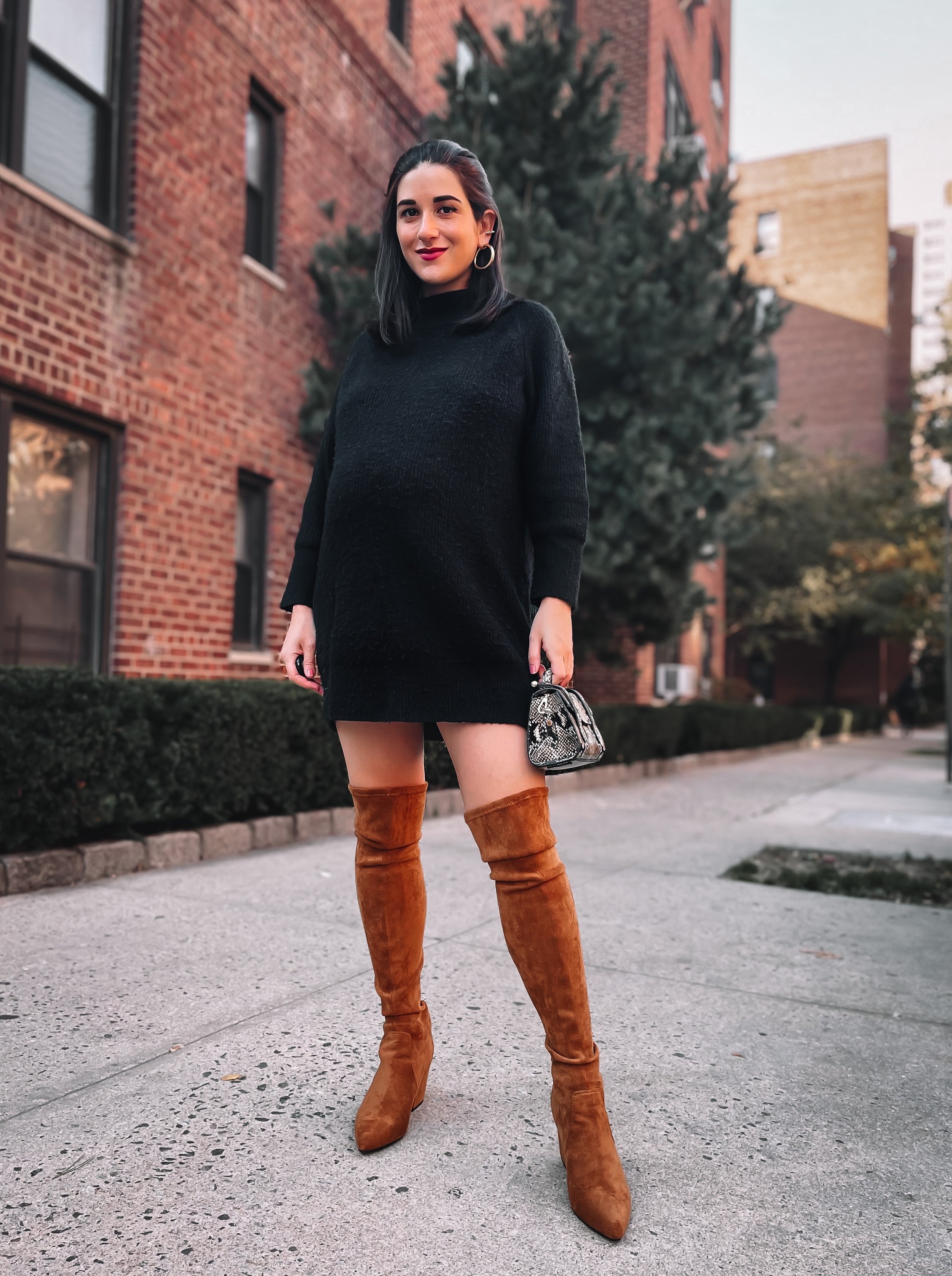 Black Sweater Dress Tan OTK Boots 39 Weeks Pregnant Esther Santer NYC Street Style Blogger Nordstrom Topshop Gold Hoop Earrings Over The Knee Boots Goodnight Macraoon Bump Friendly Pregnancy Fashion IVF Winter Strathberry Mini Bag Women Expecting Mom.JPG