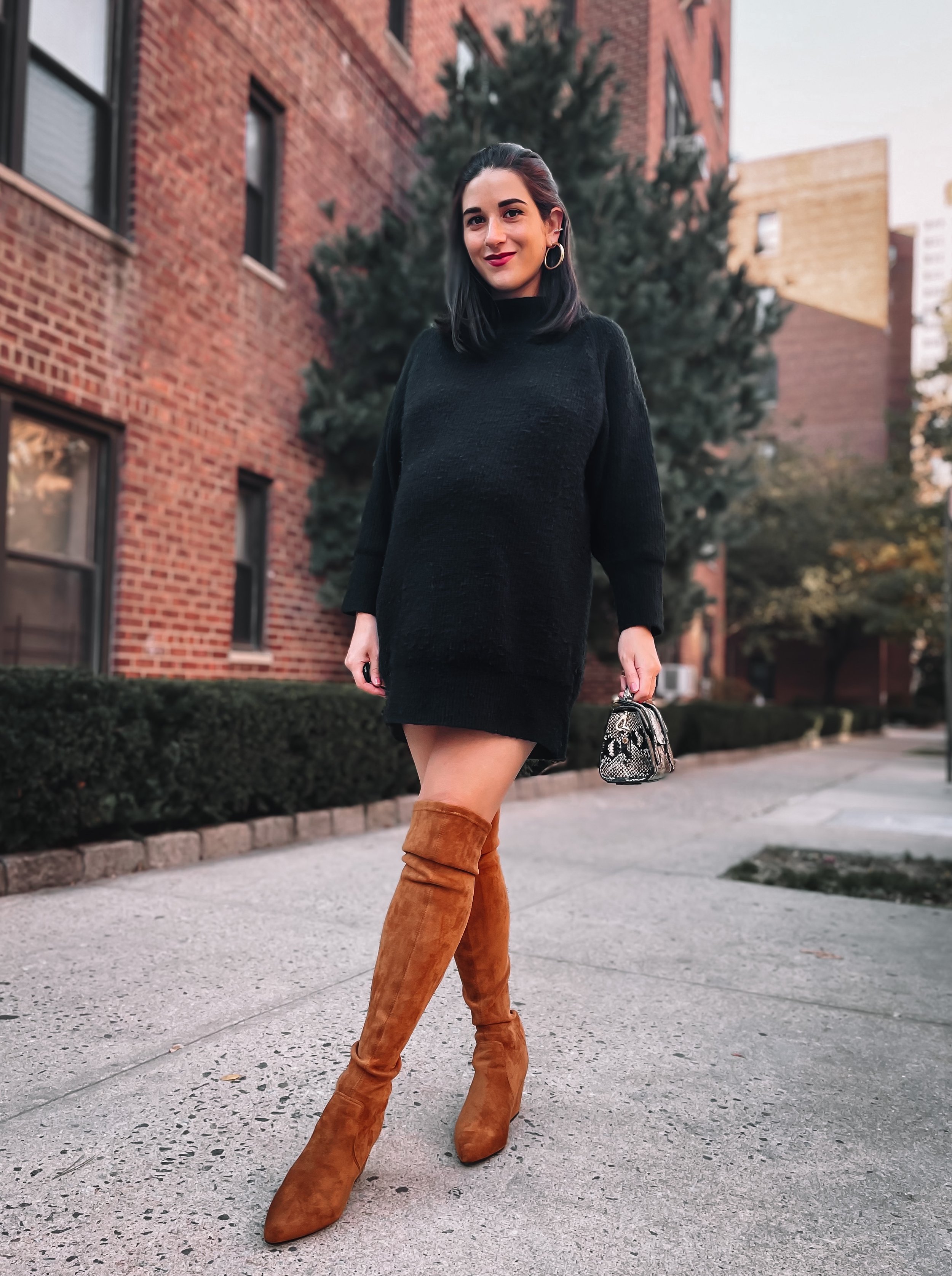 Black Sweater Dress Tan OTK Boots 39 Weeks Pregnant Esther Santer NYC Street Style Blogger Nordstrom Topshop Gold Hoop Earrings Over The Knee Boots Goodnight Macraoon Bump Friendly Pregnancy Fashion IVF Winter Strathberry Mini Bag Women  Expecting Mom.JPG