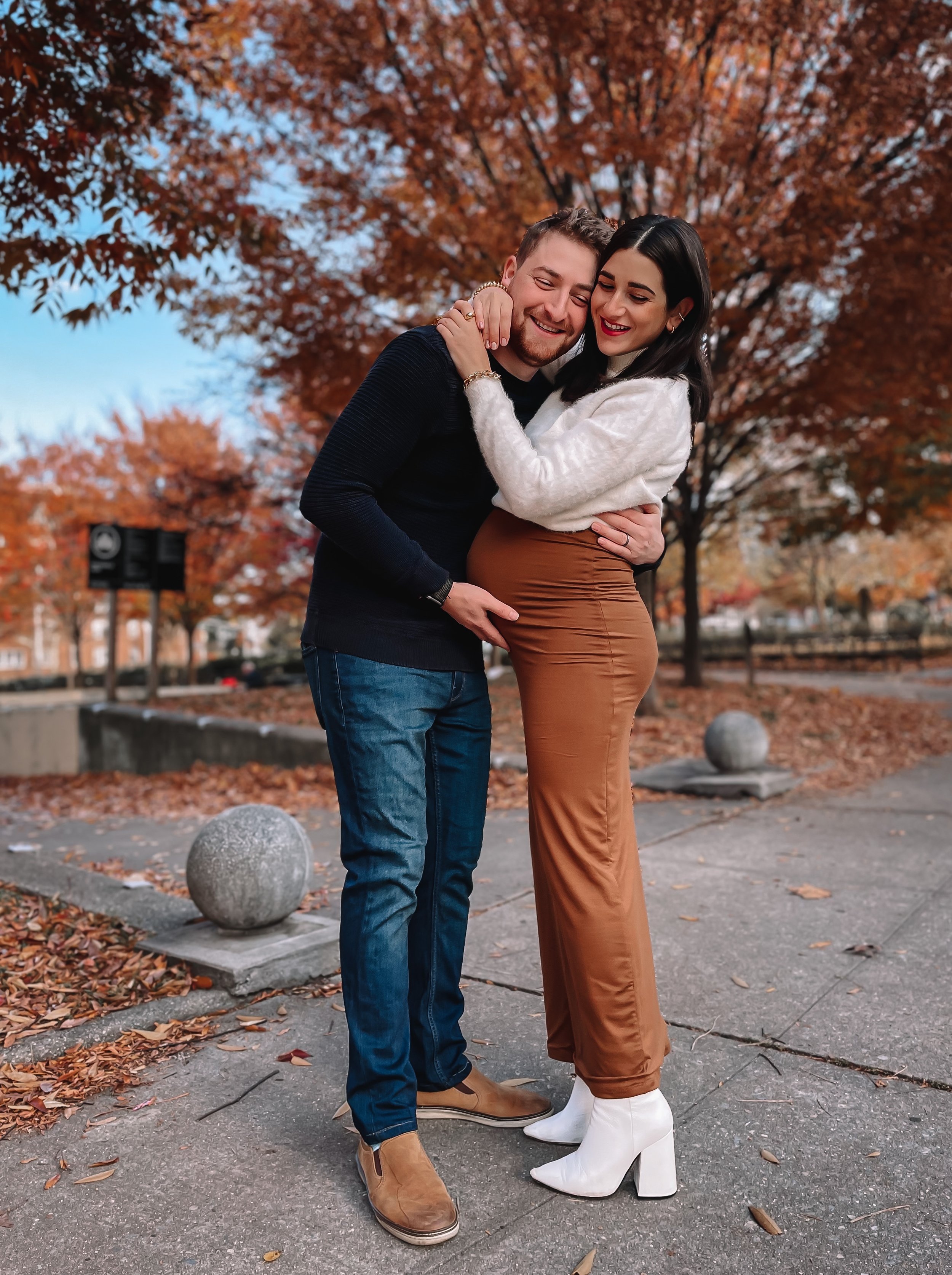 Esther Santer NYC Street Style Fashion Blogger Pregnancy Update Belly Progress 39 Weeks Bump Style Friendly White Boots Alias Mae Bumpsuit Toffee Sweater Husband Happy Couple IVF Success Expecting Mom To Be 2021 Baby Relationship Men Sweater Shoes.JPG