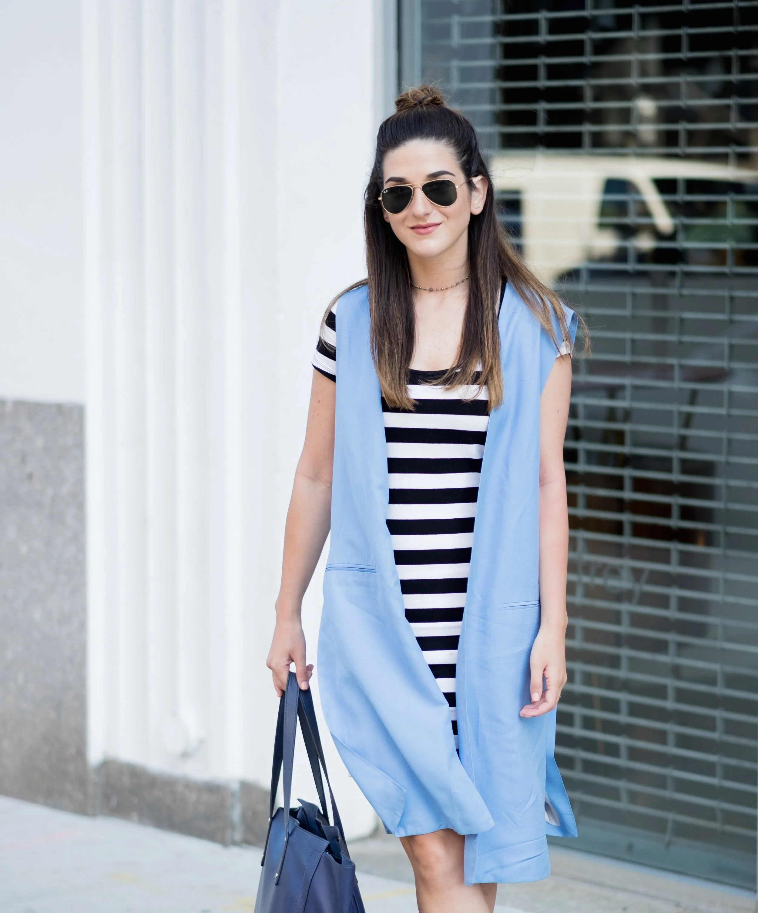 Striped Dress + Long Blue Vest