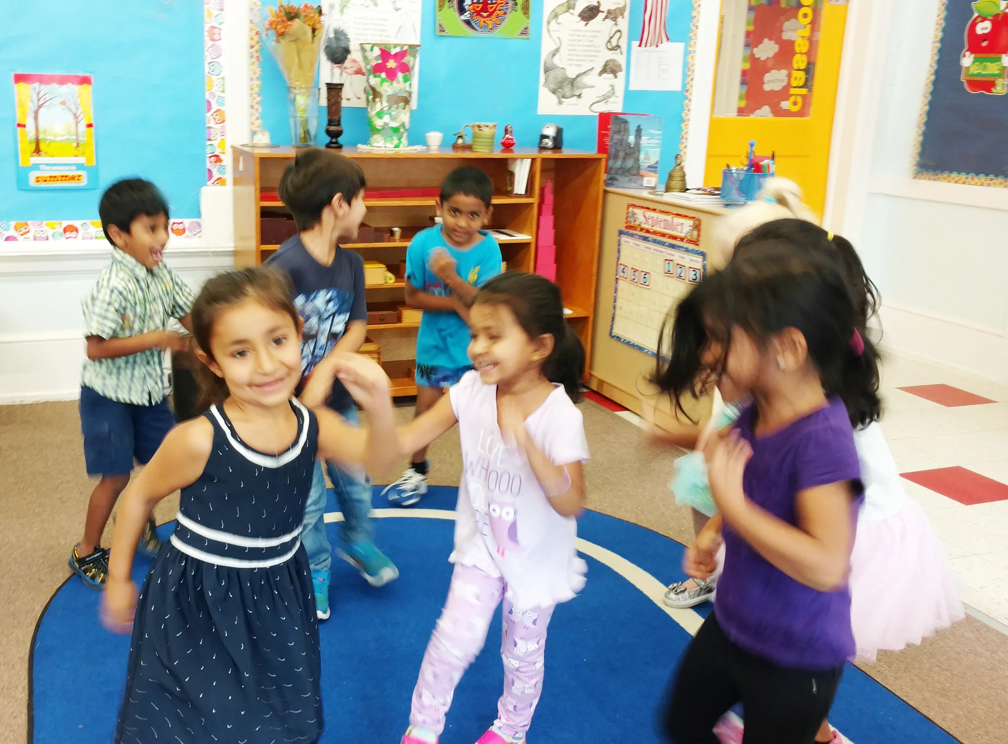 Movement is an essential part of the Montessori environment. This allows the students to have self expression, identify with rhythm, rhyming words and of course the art of memorizing fantastic educational songs.