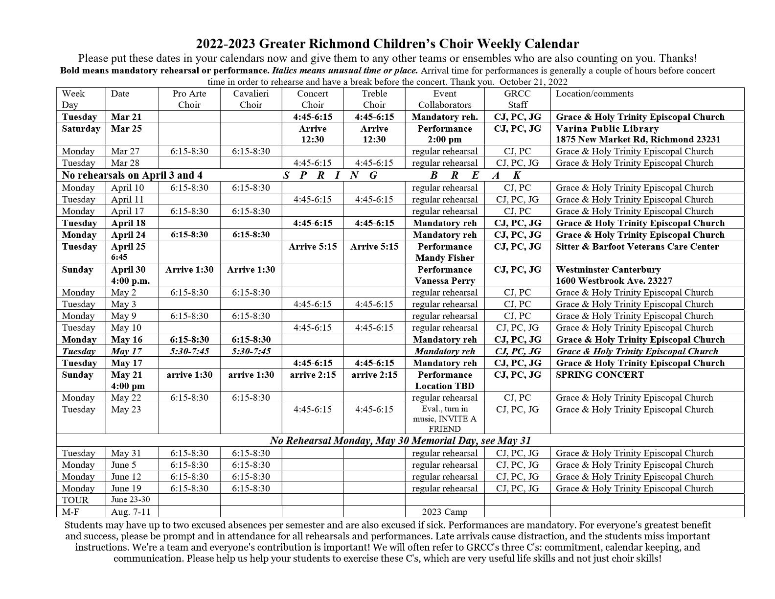 20222023 Weekly Calendar — The Greater Richmond Children's Choir