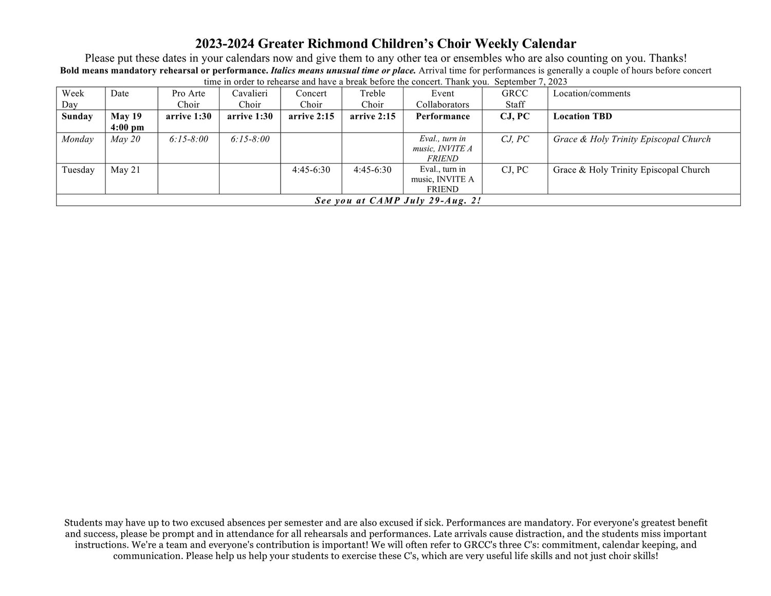 Weekly Calendar — The Greater Richmond Children's Choir