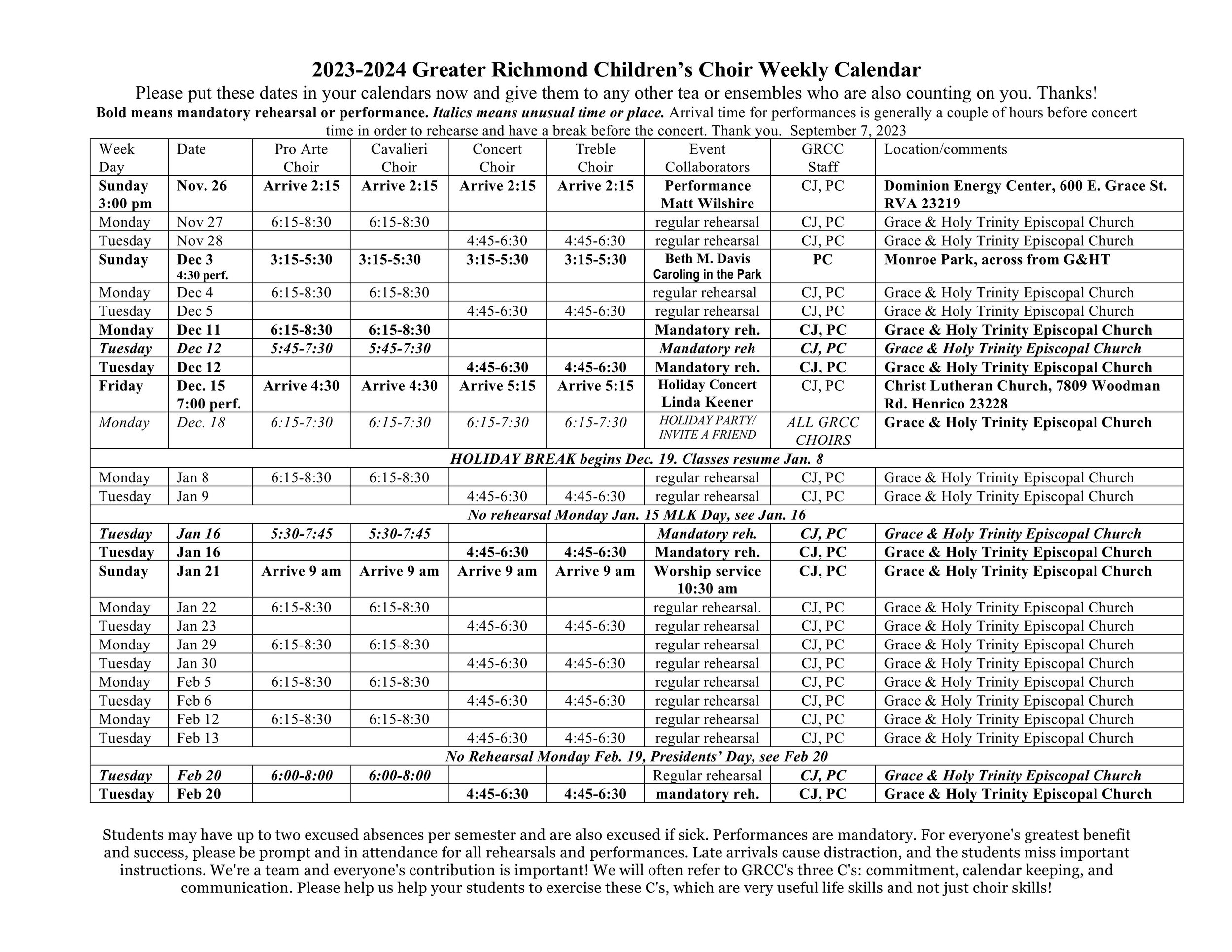 Weekly Calendar โ The Greater Richmond Children's Choir Weekly Calendar โ The Greater Richmond Children's Choir