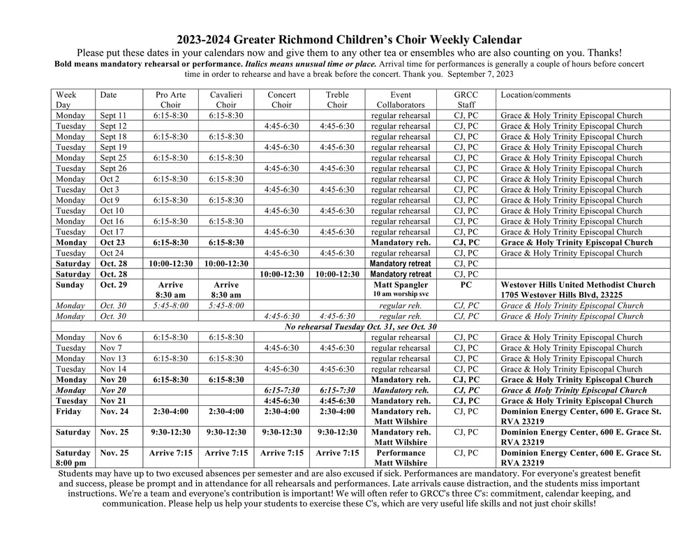 Weekly Calendar — The Greater Richmond Children's Choir
