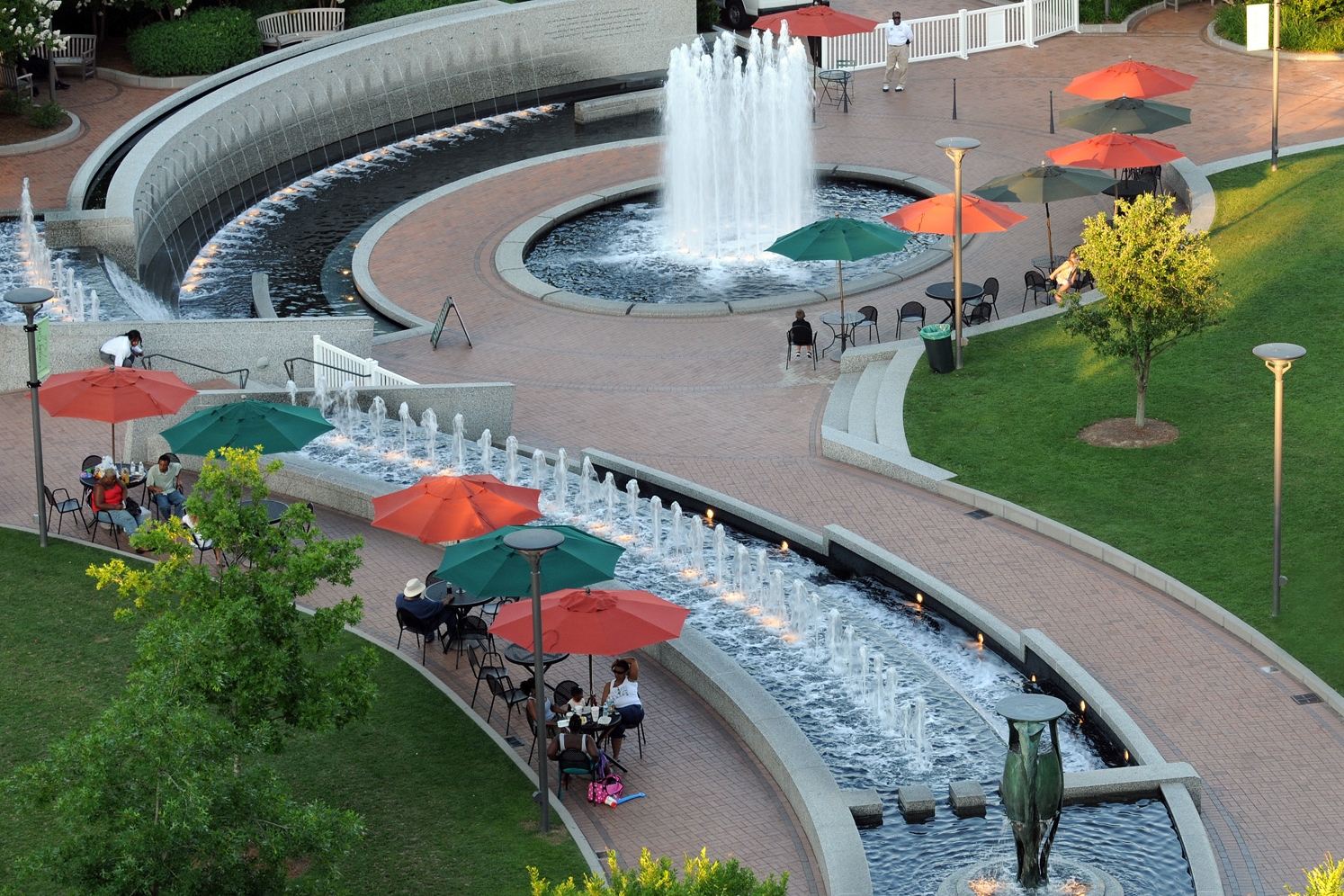 Umbrellas and fountain 2010.jpg