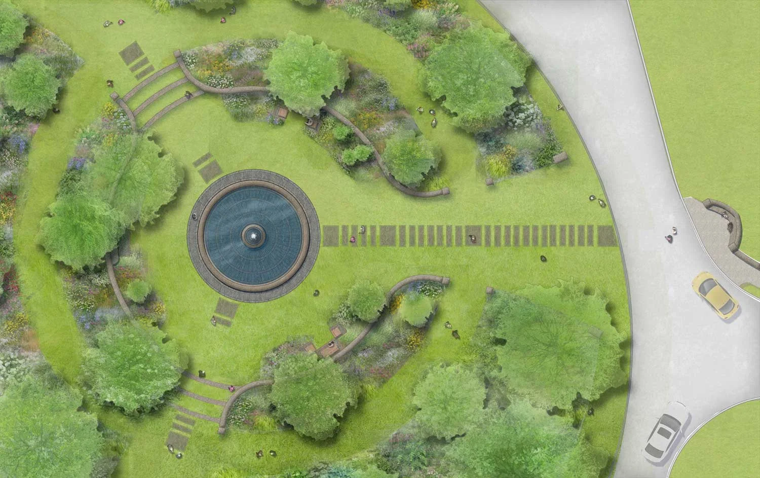 Aerial view showing the linkage to Caroline's Path, which leads to the Story Chapel entry precinct.