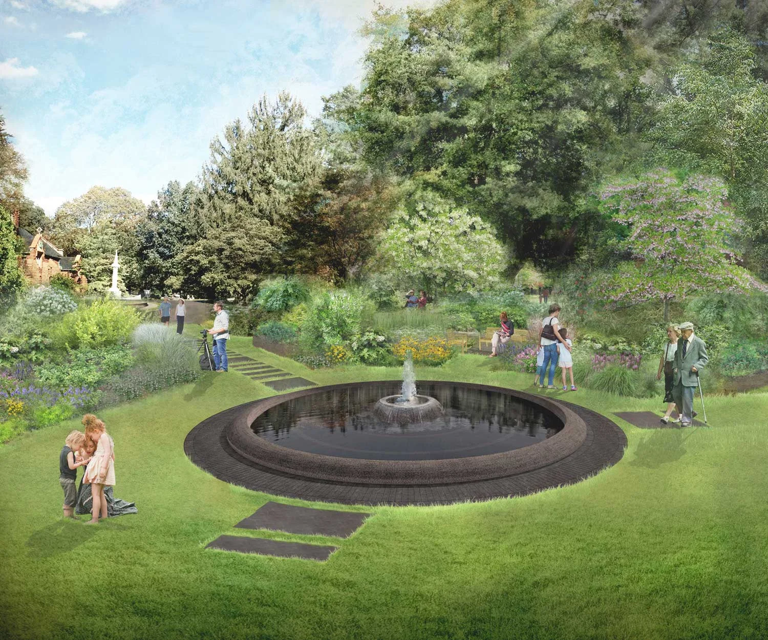 The contemporary form of the fountain provides a modern counterpoint to the traditional funerary art often encountered in Mount Auburn Cemetery