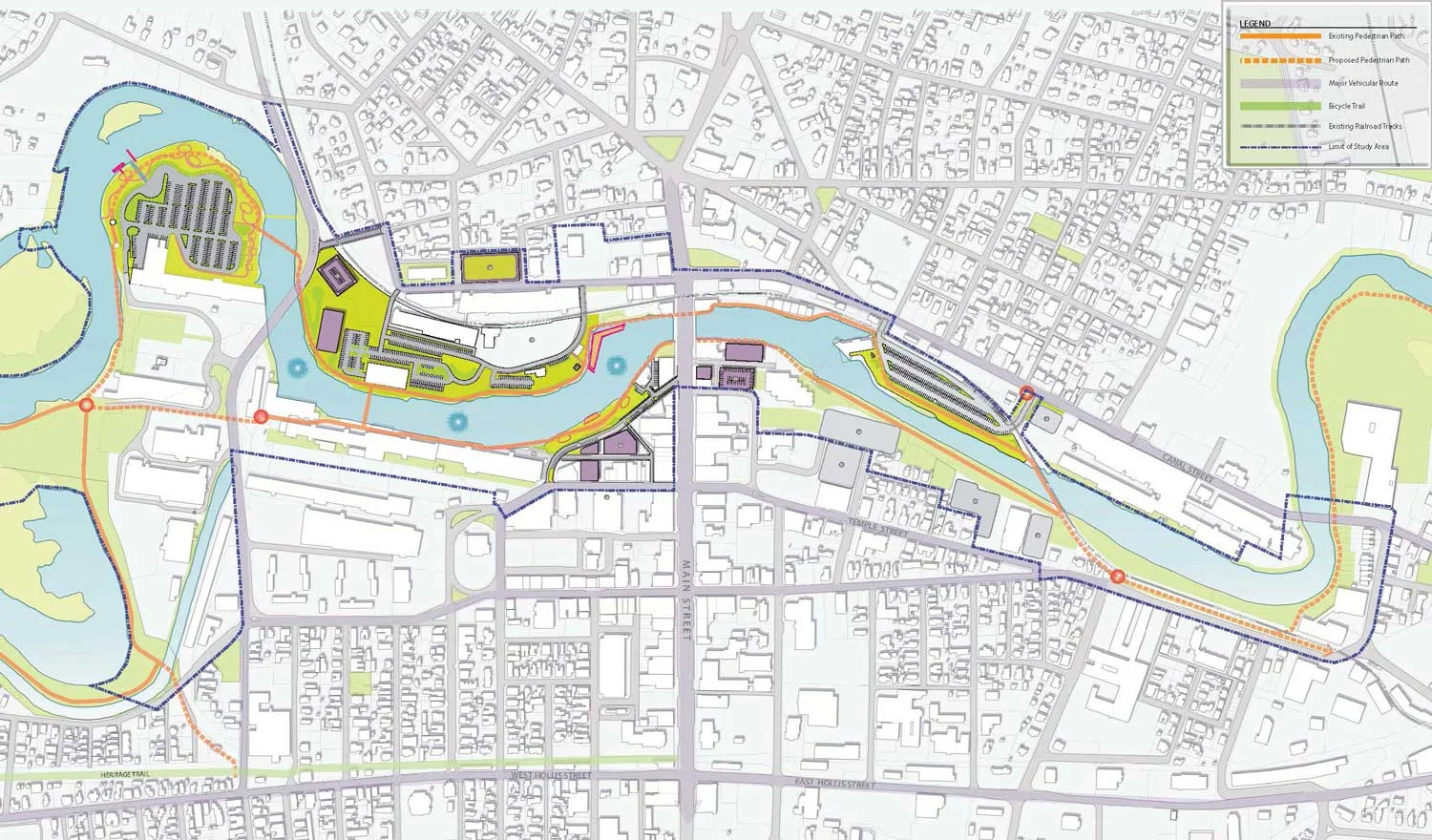 The master plan focuses on a 1.8-mile section of the Nashua River corridor that winds through downtown Nashua, from Mine Falls Park to the Bridge Street bridge.
