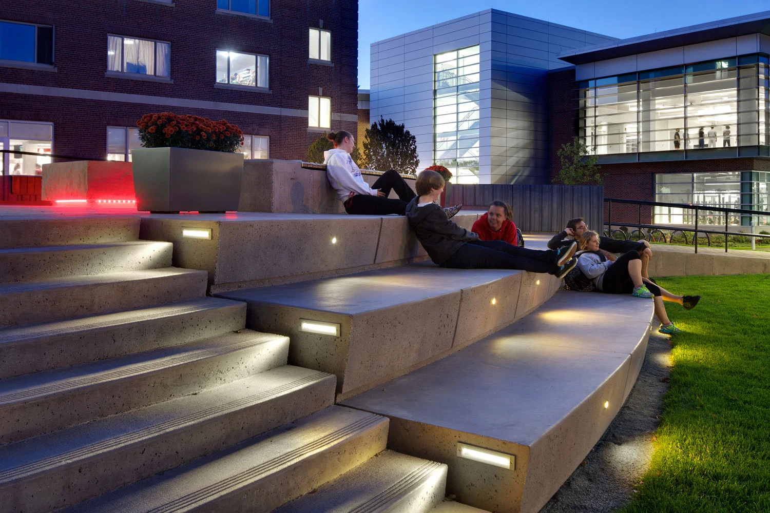 Amphitheater seating at the Wedge serves as a popular gathering space overlooking the active campus green. (Photo by Ed Wonsek)