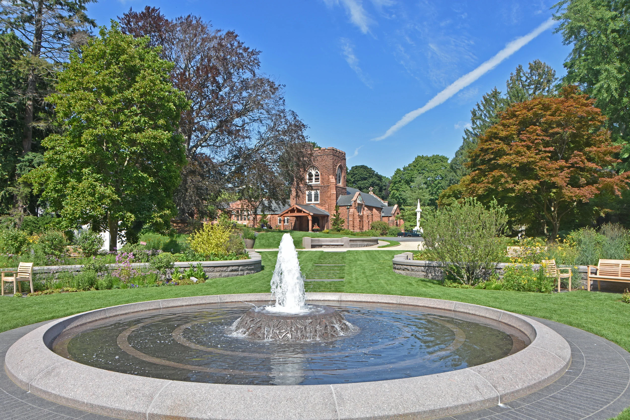 View of new fountain and Asa Gray Garden with Story Chapel behind. (photo by Jo Oltman)