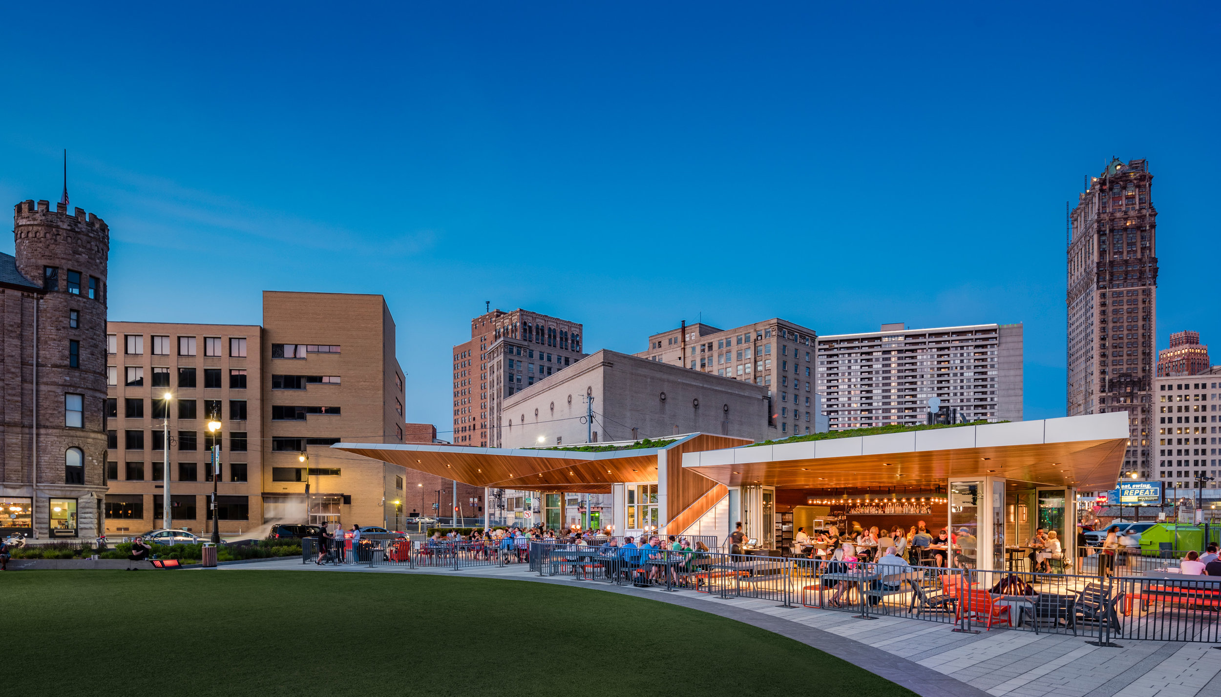 Evening view of Lumen at Beacon Park in Detroit (photo by Anton Grassl)