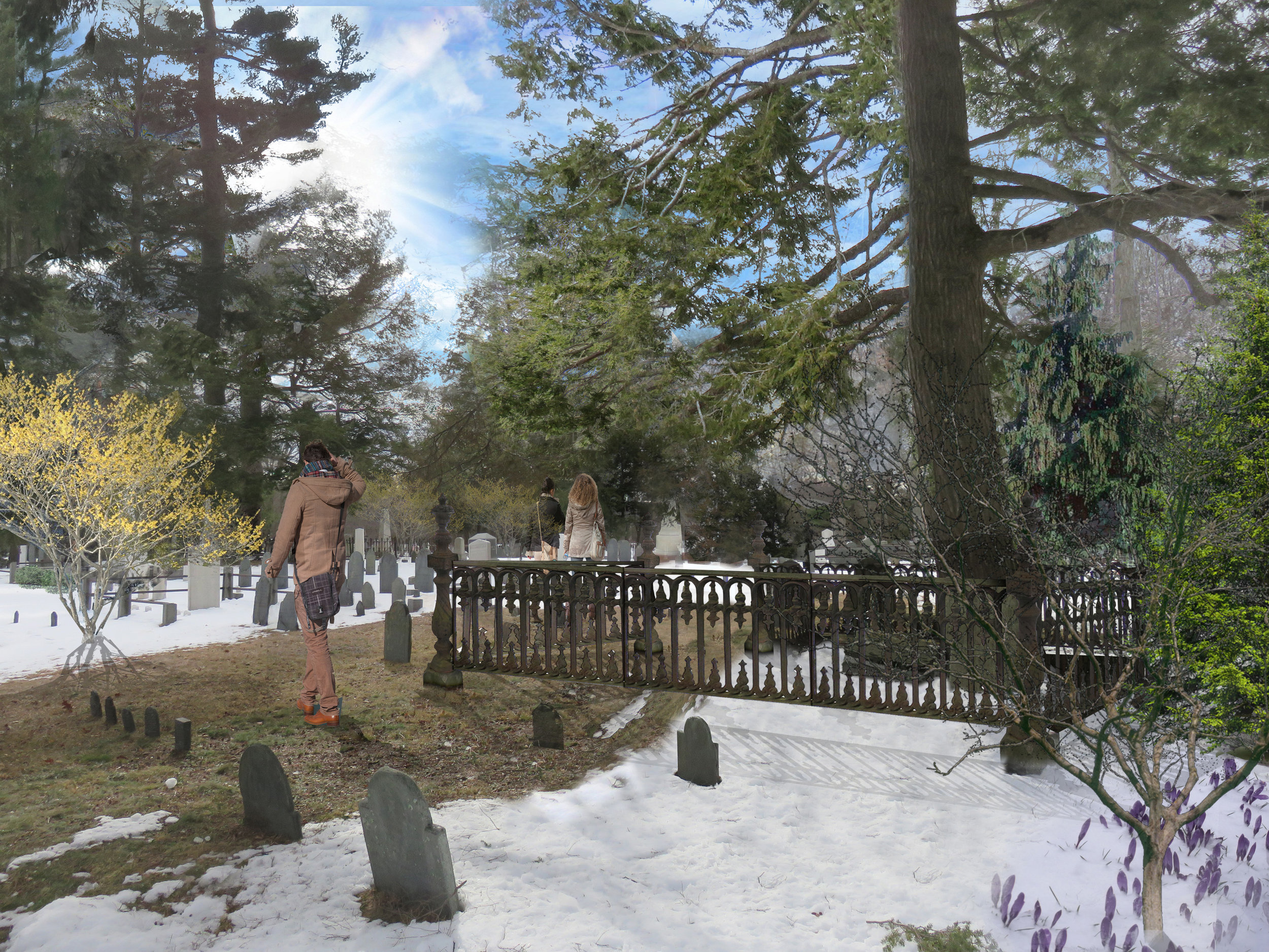 Winter View of Proposed Restoration of Howe Family Lot, Old Village Cemetery, Dedham, MA (Rendering by Halvorson Design)