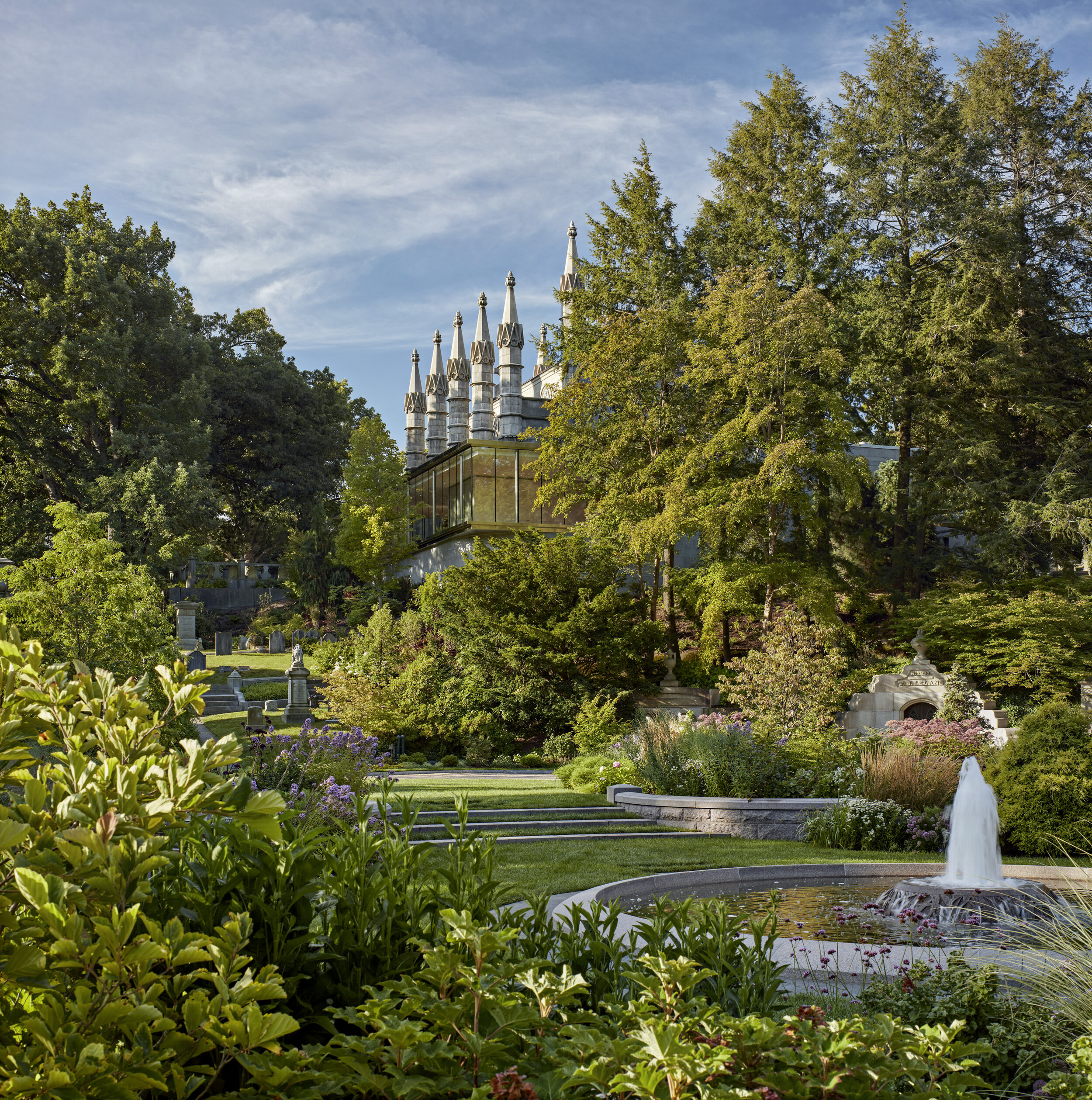  View of Mount Auburn Cemetery Bigelow Chapel from Asa Gray Garden (Photo by Robert Benson) 