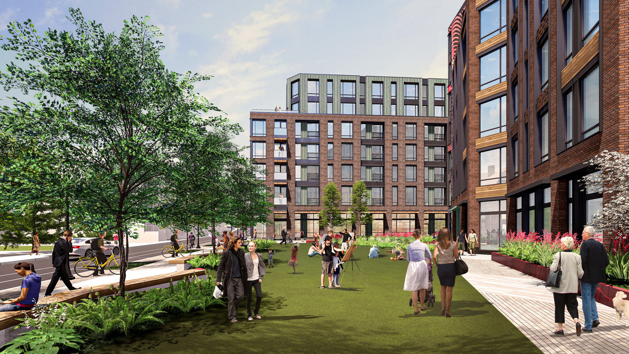  Allston Green Neighborhood Green Looking North (Rendering by PCA and Halvorson | Tighe &amp; Bond Studio) 