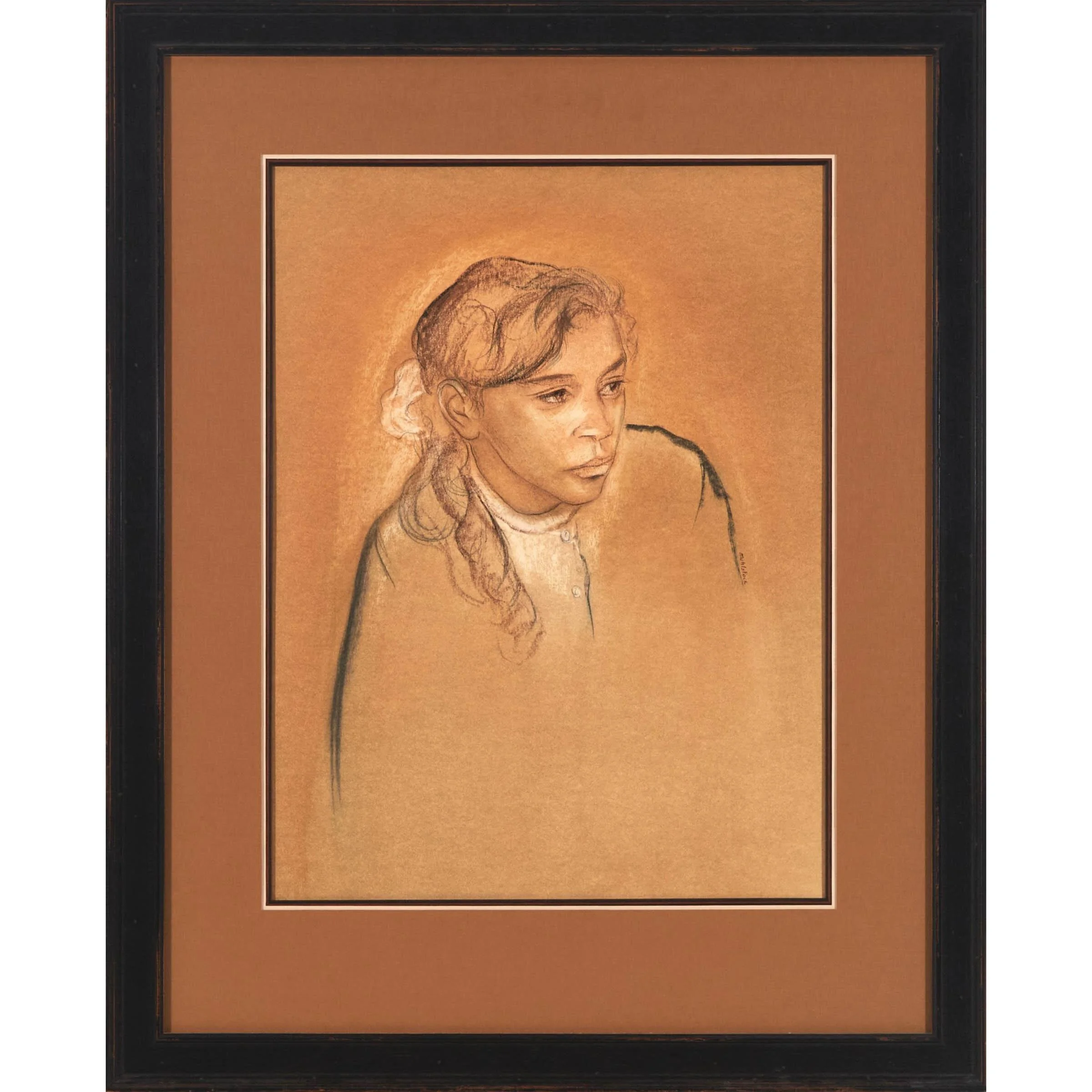 Louis Muhlstock - Portrait of a Young Girl, 24 x 18, in chalk on brown paper, framed, $600-800.jpg