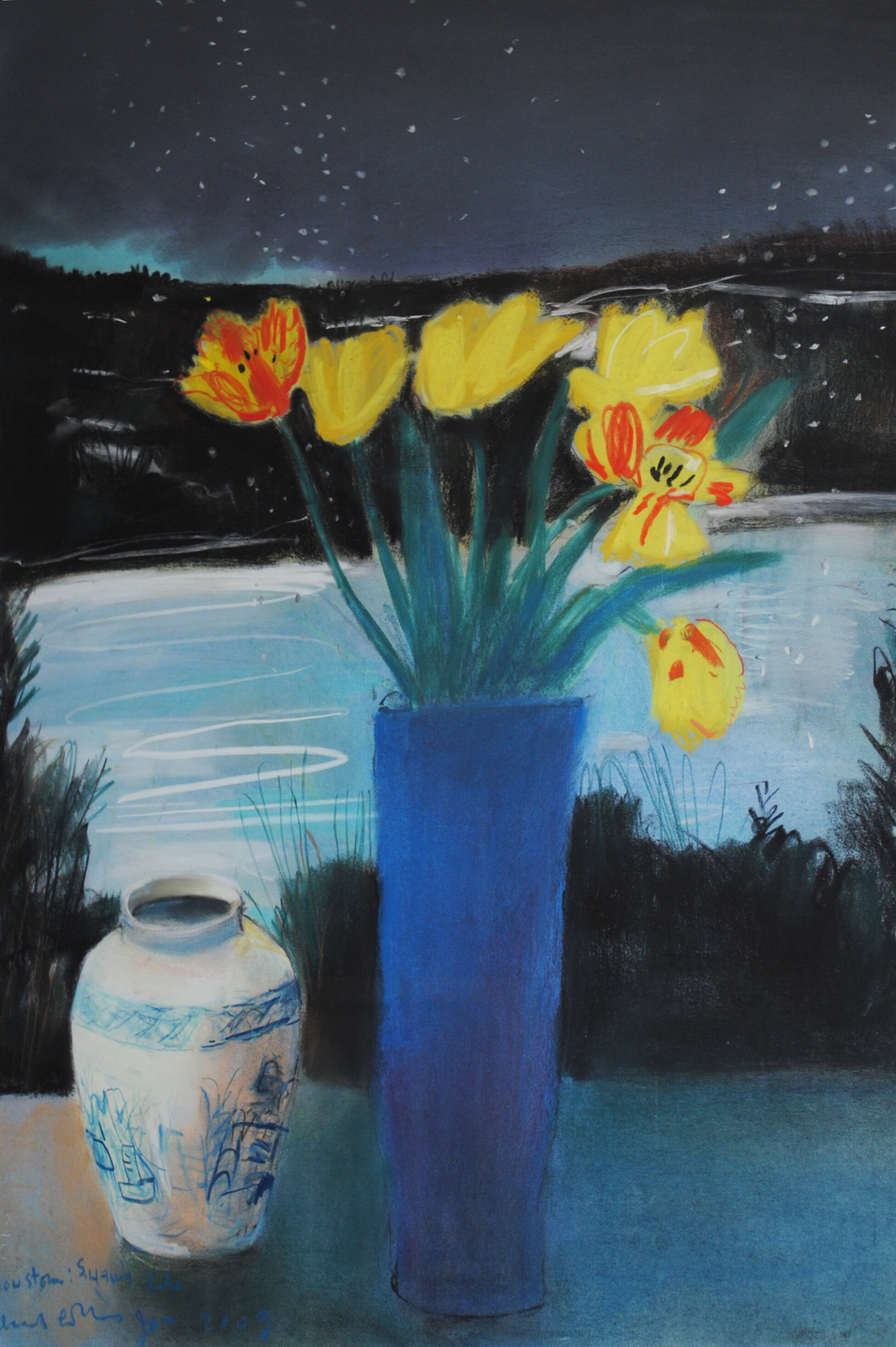 Gerard Collins - Snowstorm at Shaws Lake with Daffodils and Vase
