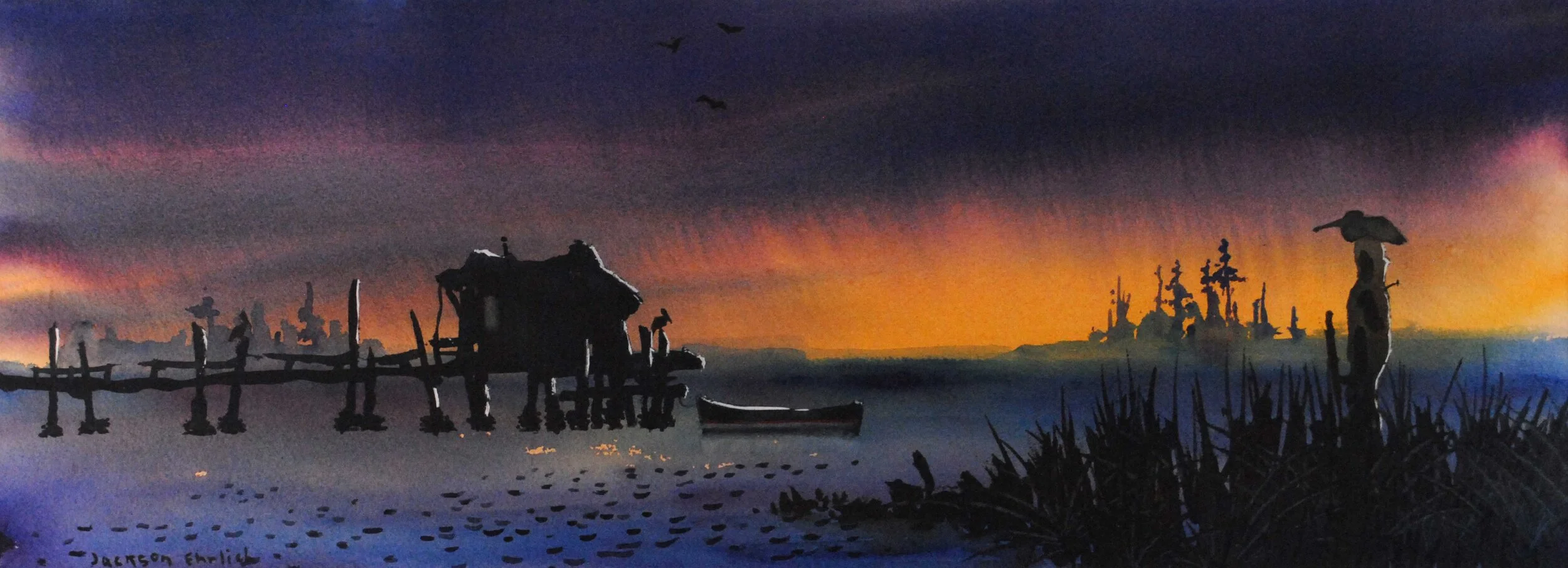 Jackson-Ehrlich,-Dock-at-Twilight,-29x10.5,-watercolour,-$425; Front Room.jpg