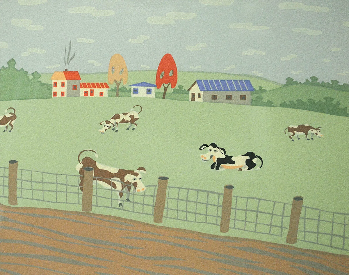 Robert Emile Fortin, #10,-Allo, Ta-Vache-est-Ici,-Hello,-Your-Cow-is-Here,-6.5x8,-silkscreen,-1987,-$125;Main Vault-Left.jpg