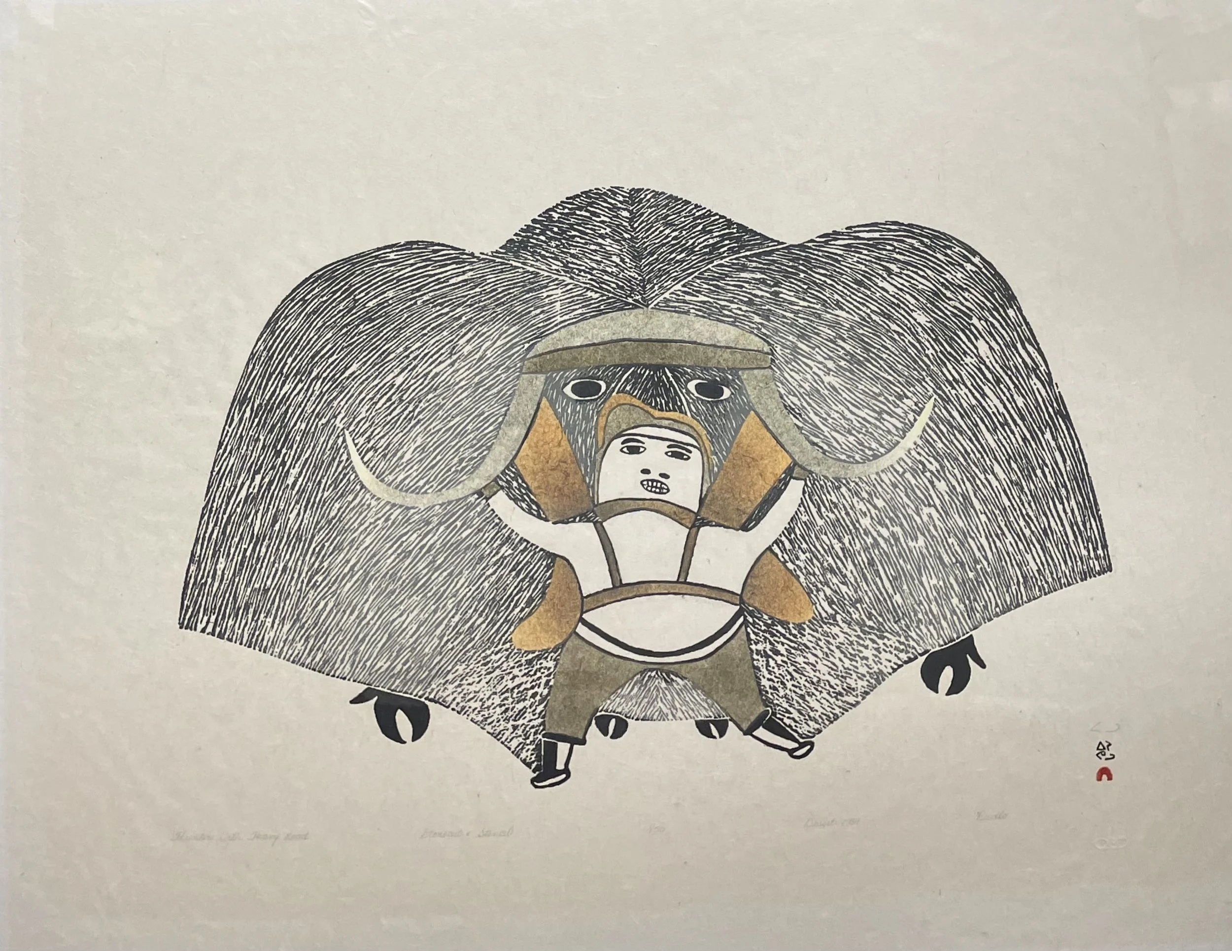 Pudlo Pudlat, 1916-1992, Hunter with Heavy Load, Stonecut and Stencil, 25x31.jpeg