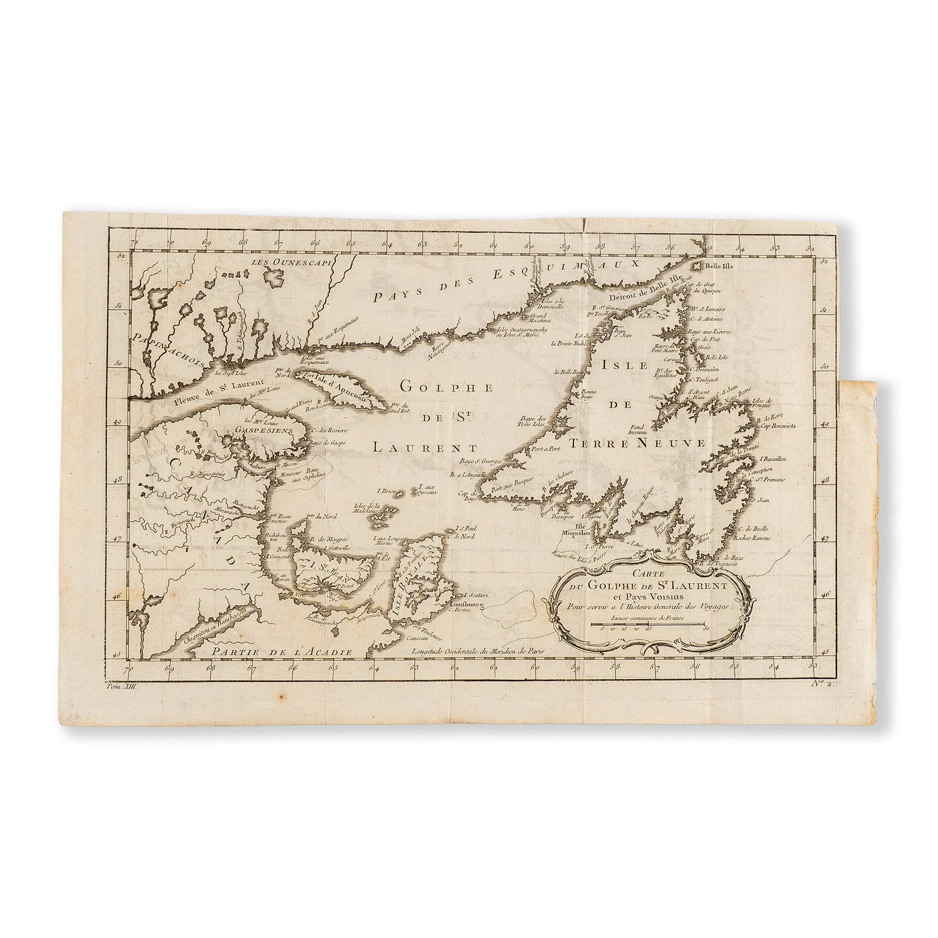 Carte du Golphe de St. Laurent et Pays Voisins, Pour servir a L'Histoire Generale des Voyages, 9 ½ × 15 in. engraving on laid paper, slightly damaged, unframed, $80 (Jones -lot 320).jpg