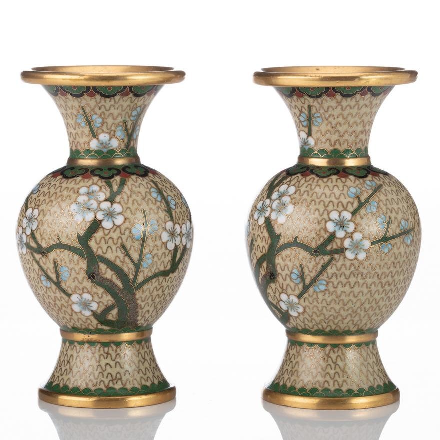 Pair of Japanese Cloisonne Floral Vases - Cherry Blossom Design