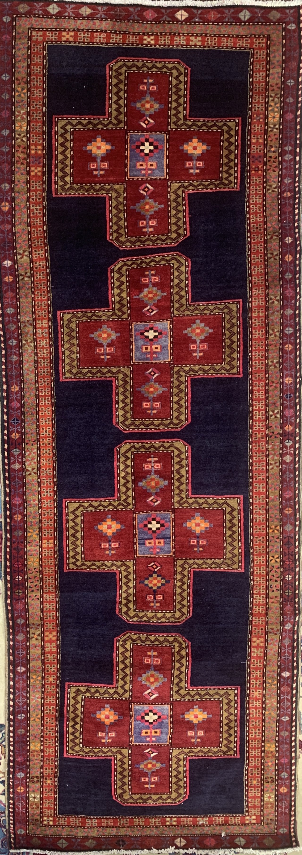 Sarab Runner (Red & Navy Blue Tribal Design) 3'25 x 9'